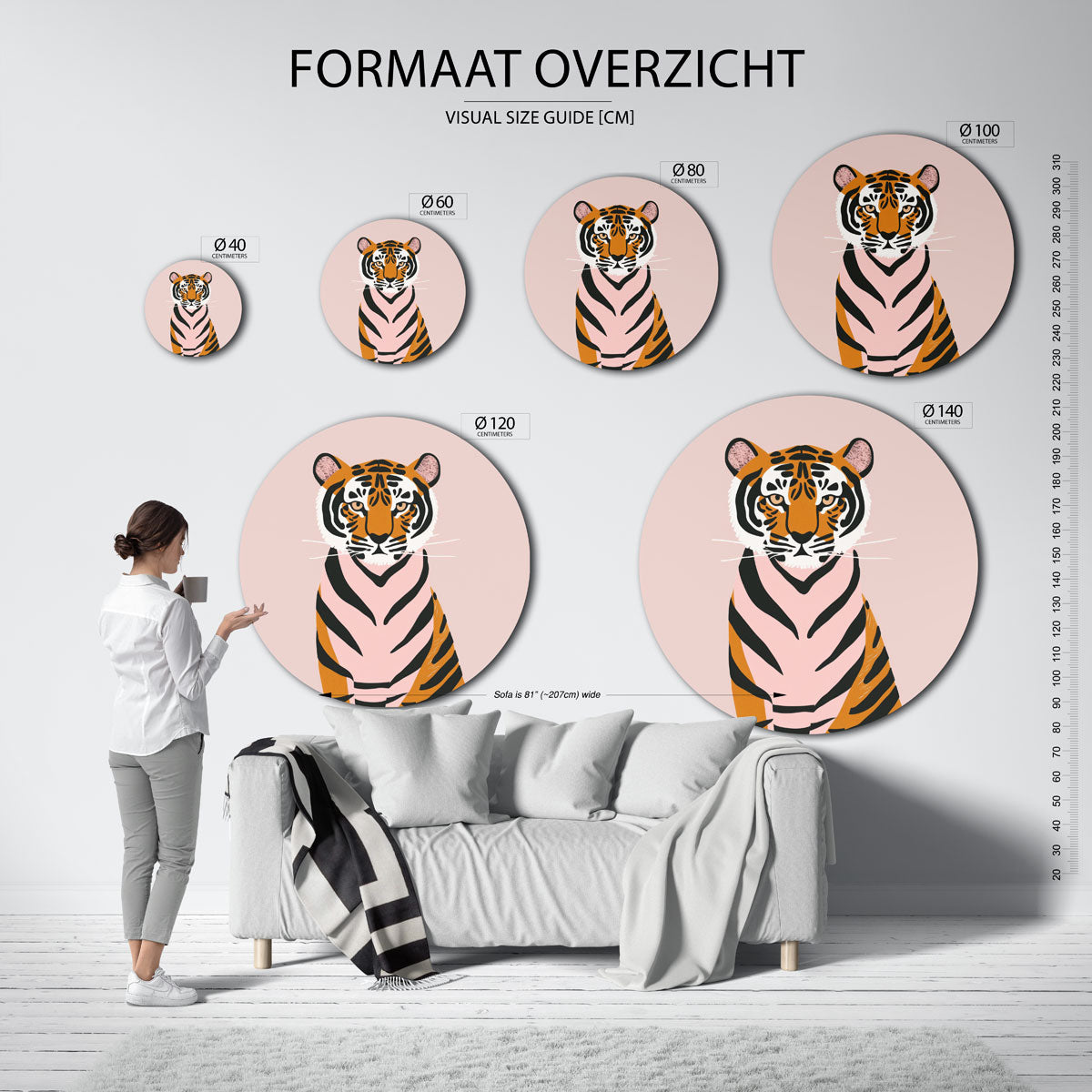 Tijger op roze Muurcirkel