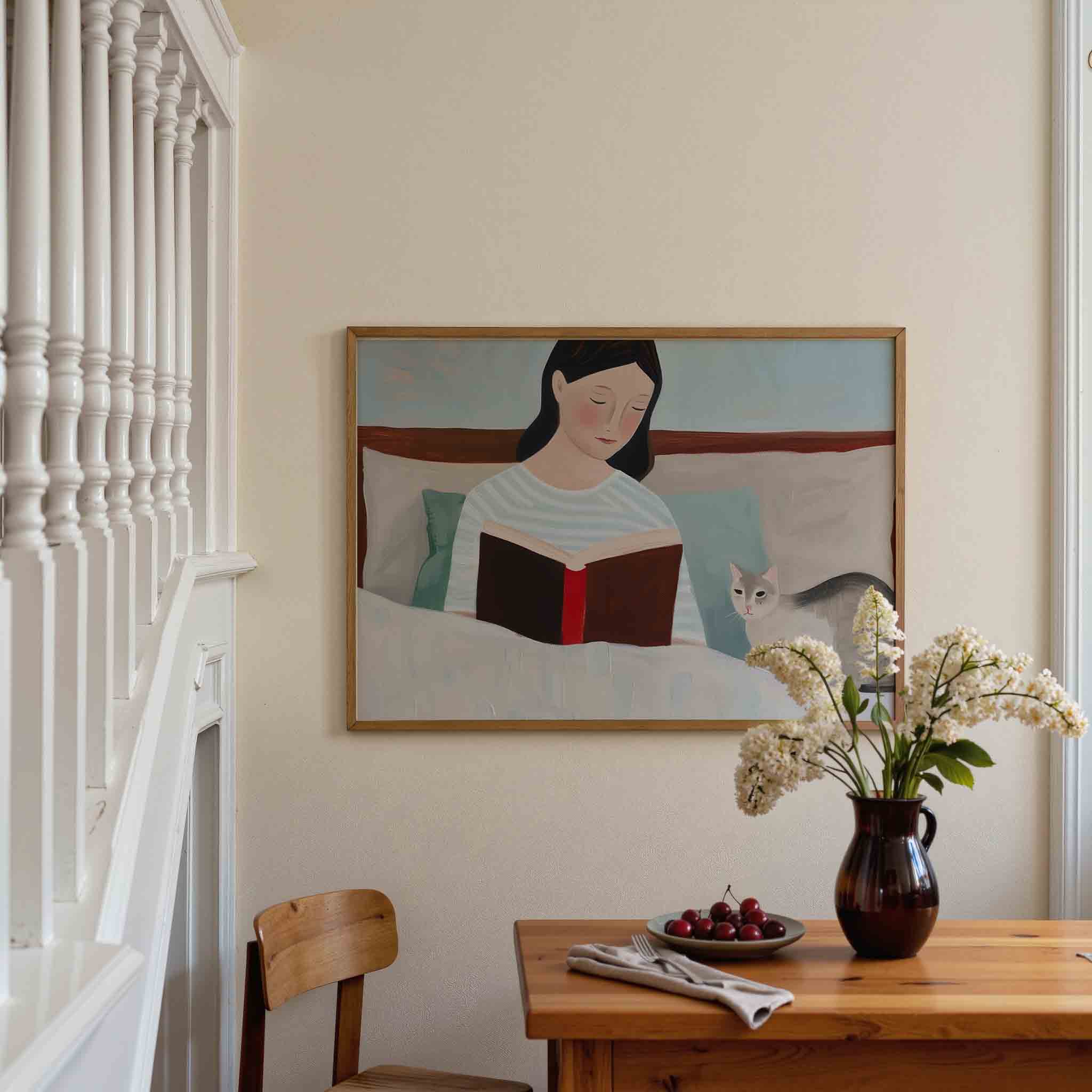 Lezende vrouw met kat Poster