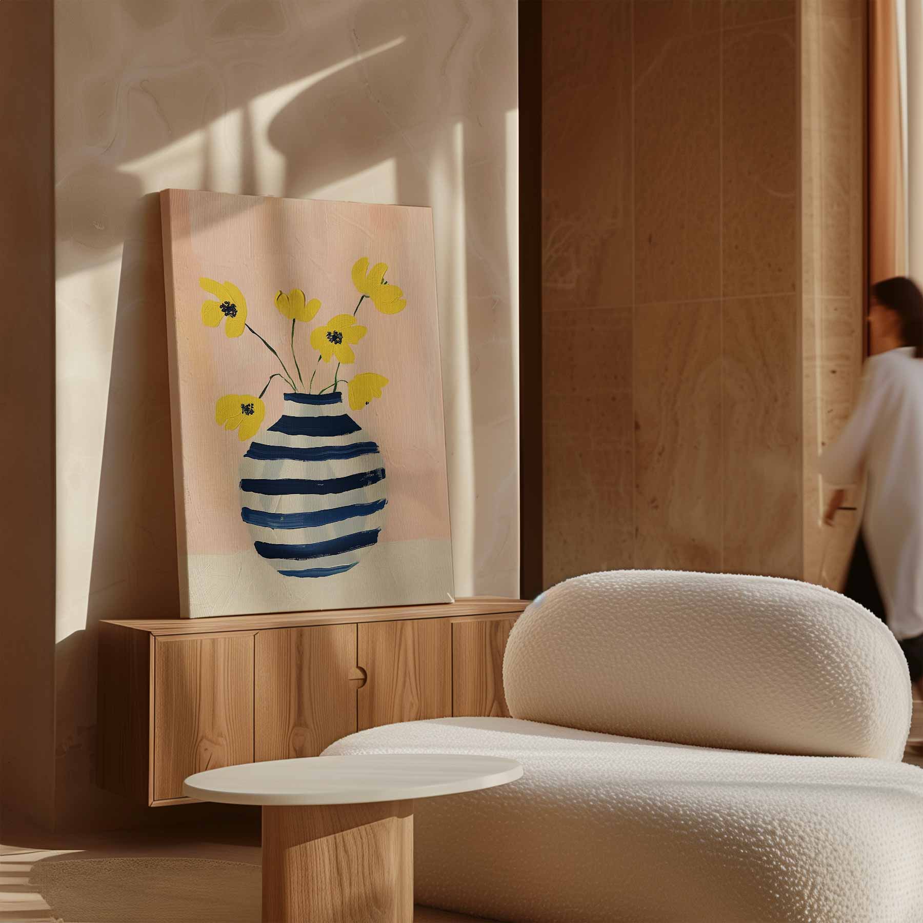 Zonnige Bloemen in Gestreepte Vaas Kunstwerk-canvas-dibond-plexiglas-wanddecoratie-WallArtistic