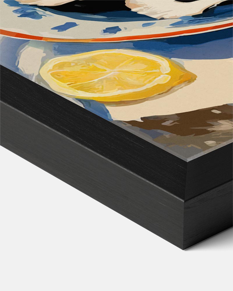 Fris Blauw Stilleven met Citroenen en Oesters Poster