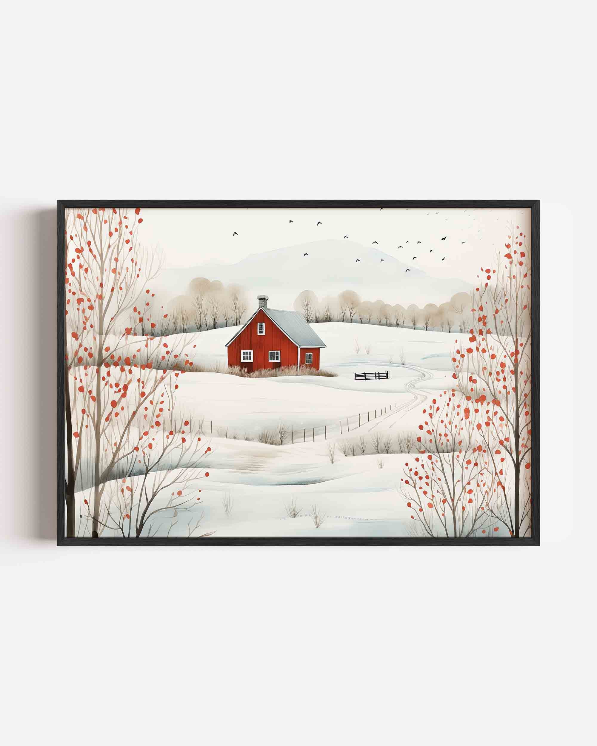 Winterlandschap met rood huis Poster