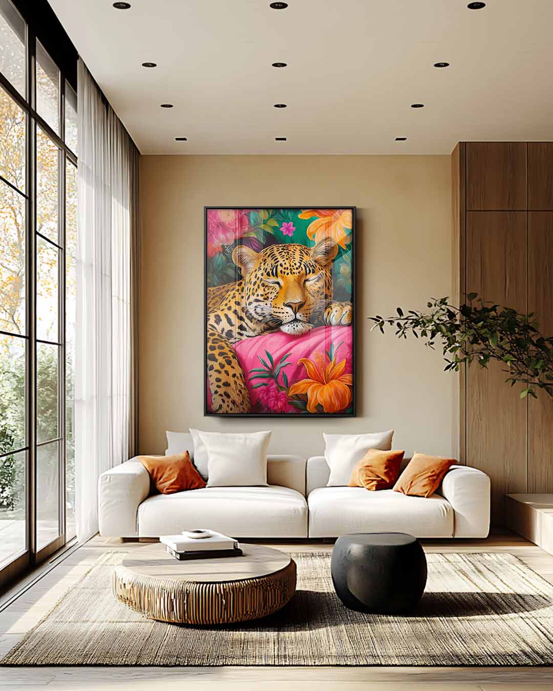 Dromerige Luipaard in Bloemenrijk Kunstwerk-canvas-dibond-plexiglas-wanddecoratie-WallArtistic