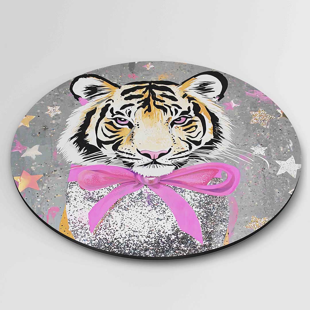 Tijger met roze strik Muurcirkel