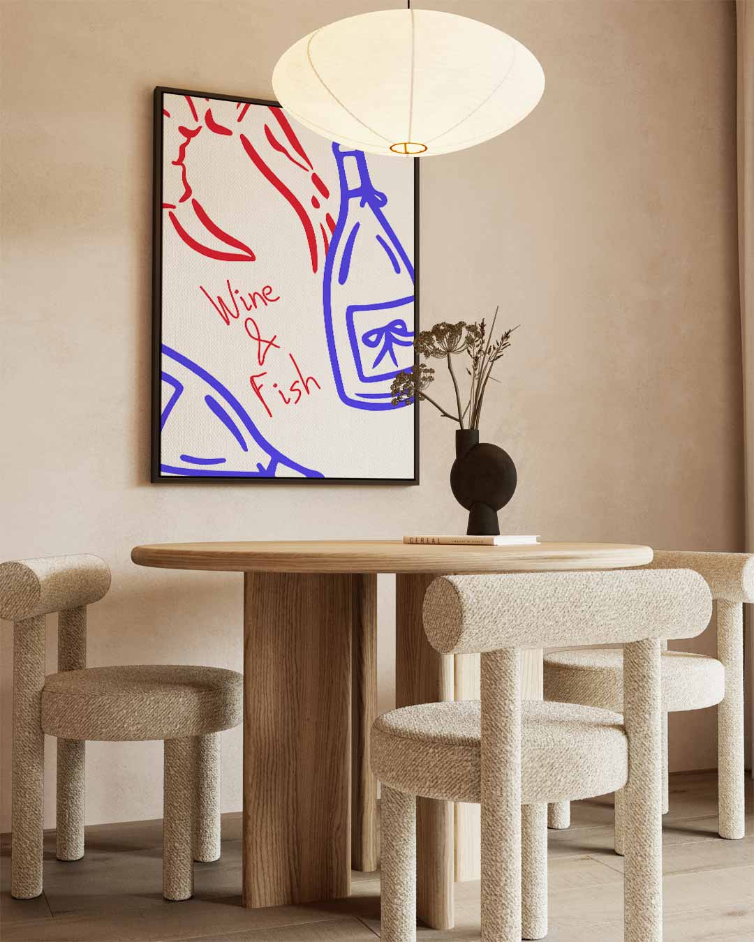 Wijn en Vis Illustratie Kunstwerk-canvas-dibond-plexiglas-wanddecoratie-WallArtistic