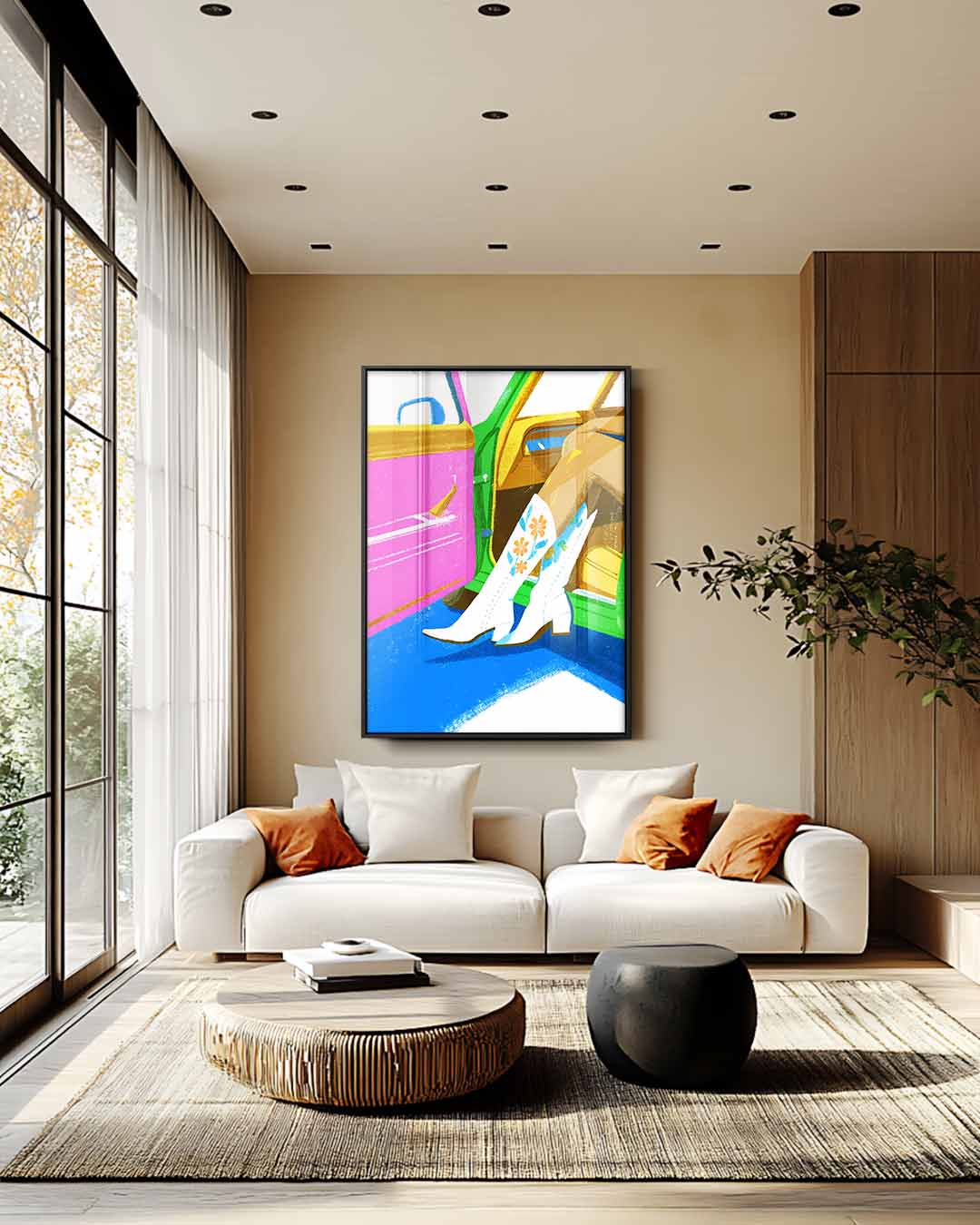 Stijlvolle Cowboylaarzen in Retro Auto Kunstwerk-canvas-dibond-plexiglas-wanddecoratie-WallArtistic