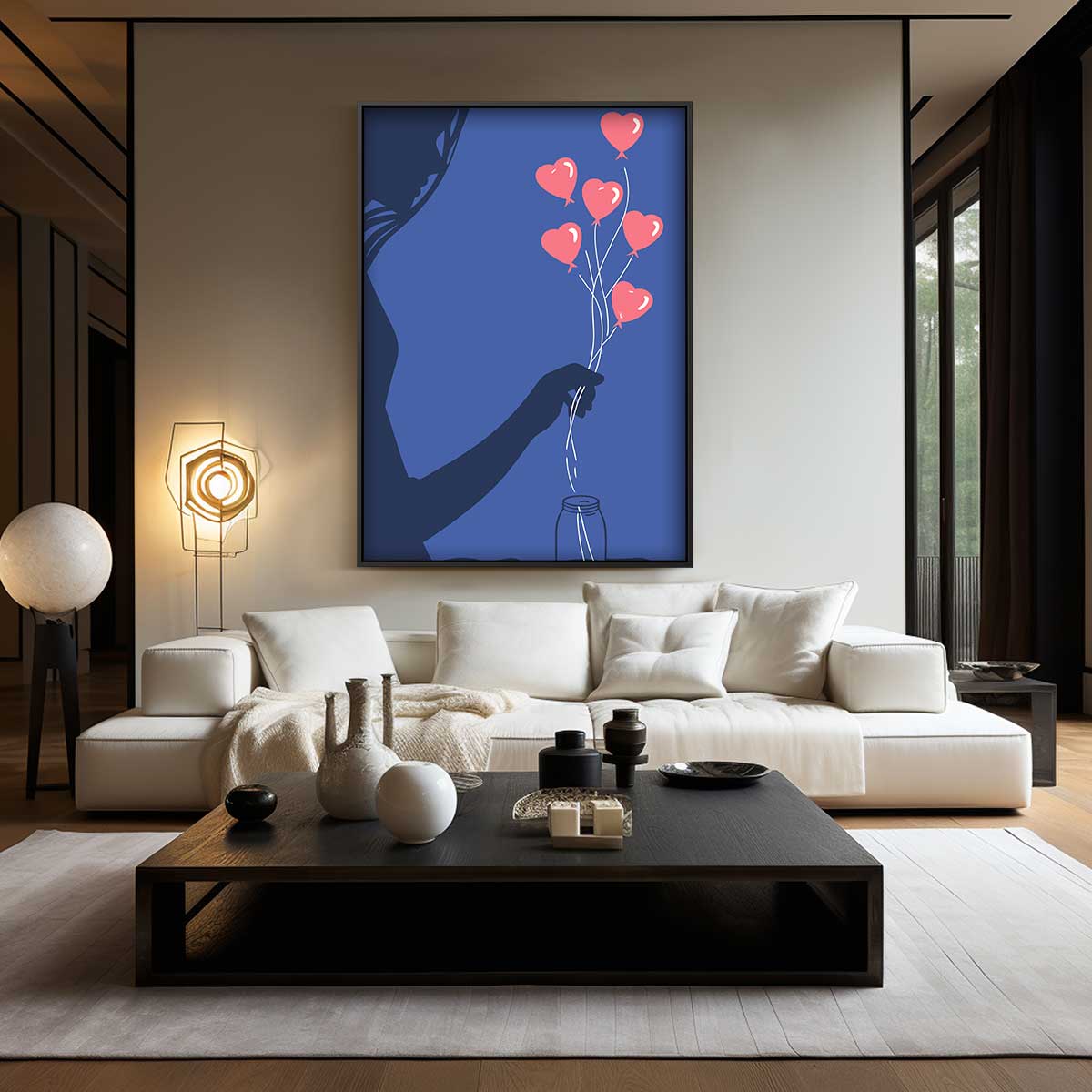 Liefdesballonnen Silhouet Kunstwerk-canvas-dibond-plexiglas-wanddecoratie-WallArtistic