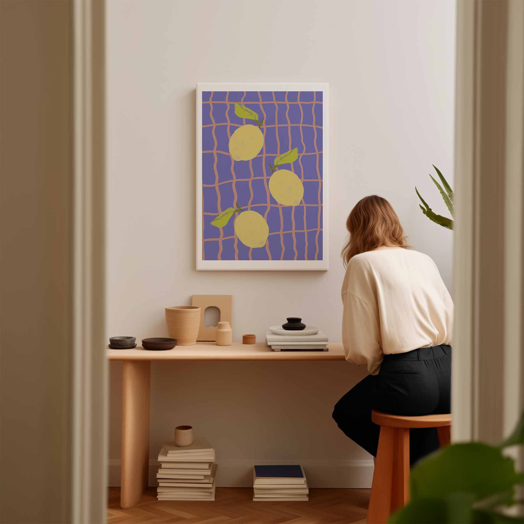 Citroenen op Blauw Ruitpatroon Kunstwerk-canvas-dibond-plexiglas-wanddecoratie-WallArtistic