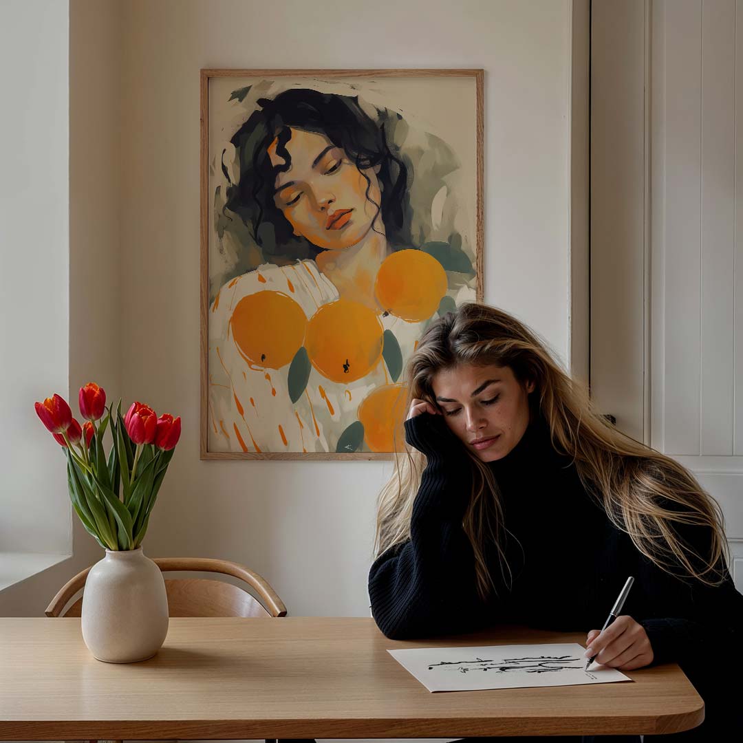 Dromerige Oranjetinten Vrouwelijke Portretposter-WallArtistic