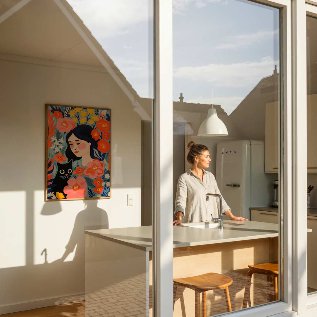 Bloemrijke Droomwereld Kat & Vrouw Poster-WallArtistic