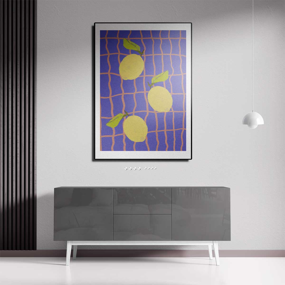 Citroenen op Blauw Ruitpatroon Kunstwerk-canvas-dibond-plexiglas-wanddecoratie-WallArtistic