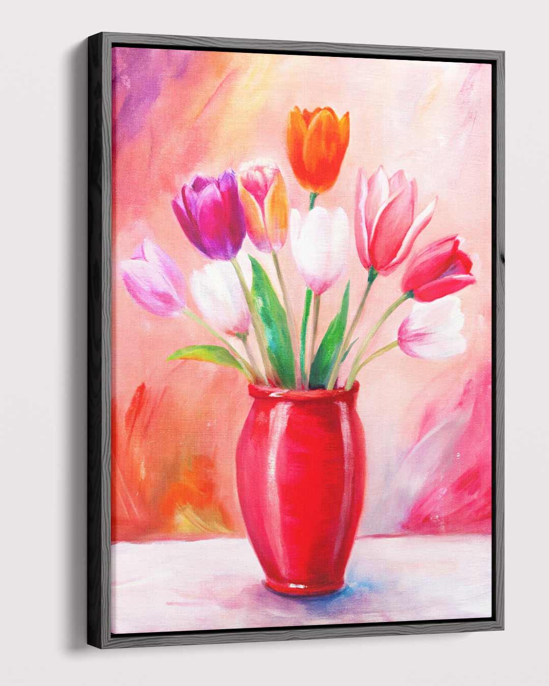 Vrolijke Tulpen in Rode Vaas Kunstwerk-canvas-dibond-plexiglas-wanddecoratie-WallArtistic