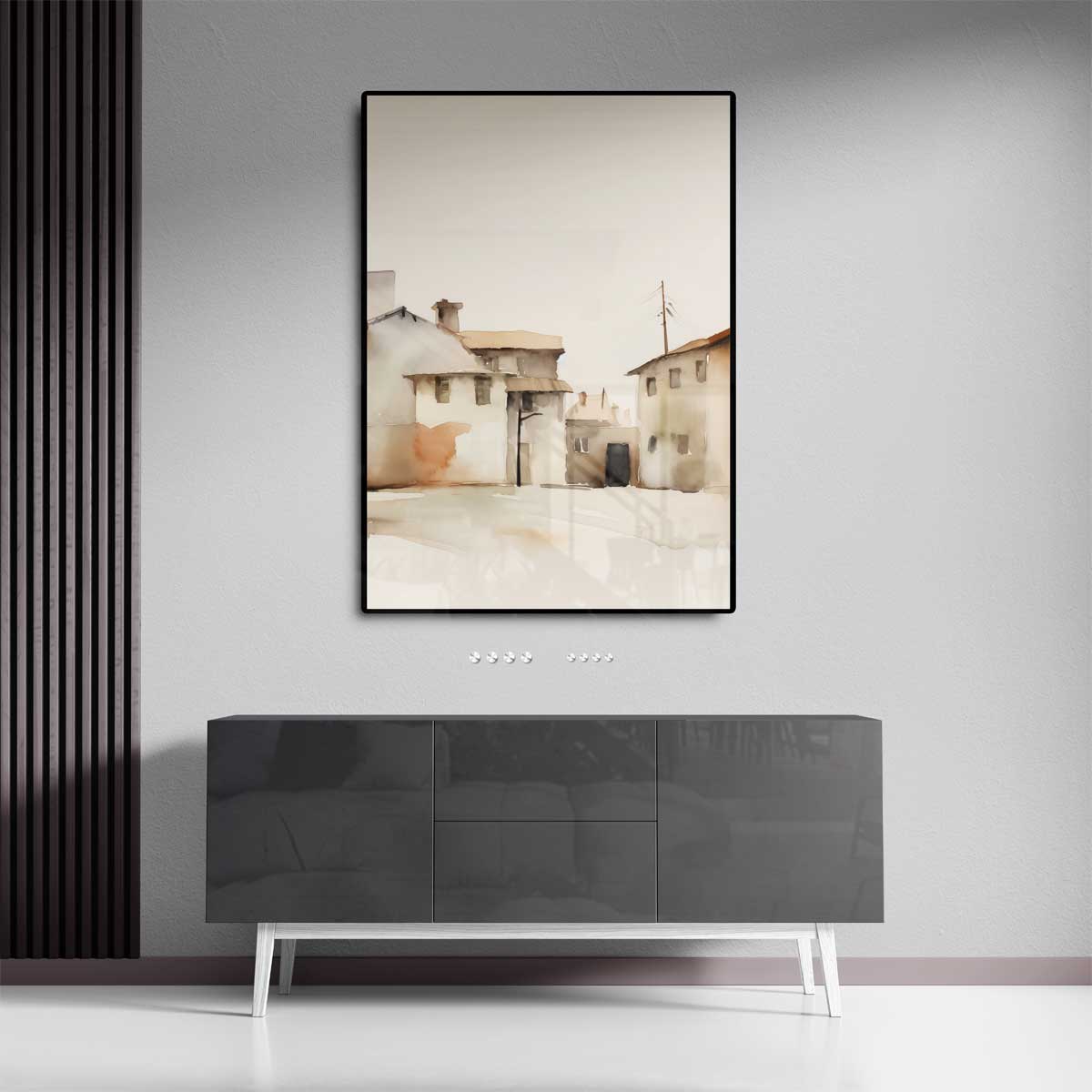 Zonnige Dorpsstraat in Aquarel Kunstwerk-canvas-dibond-plexiglas-wanddecoratie-WallArtistic