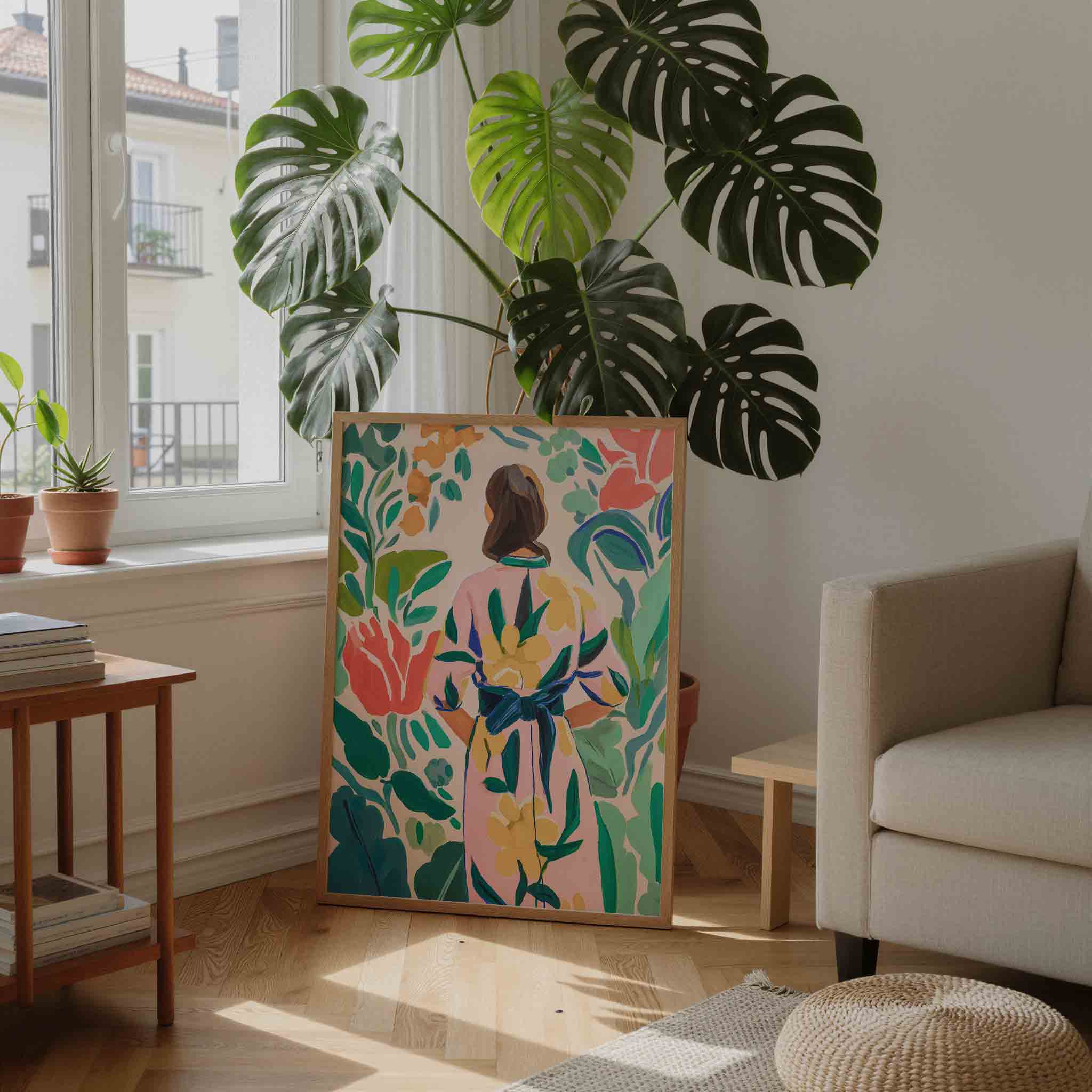 Vrouw in bloemenjurk Poster