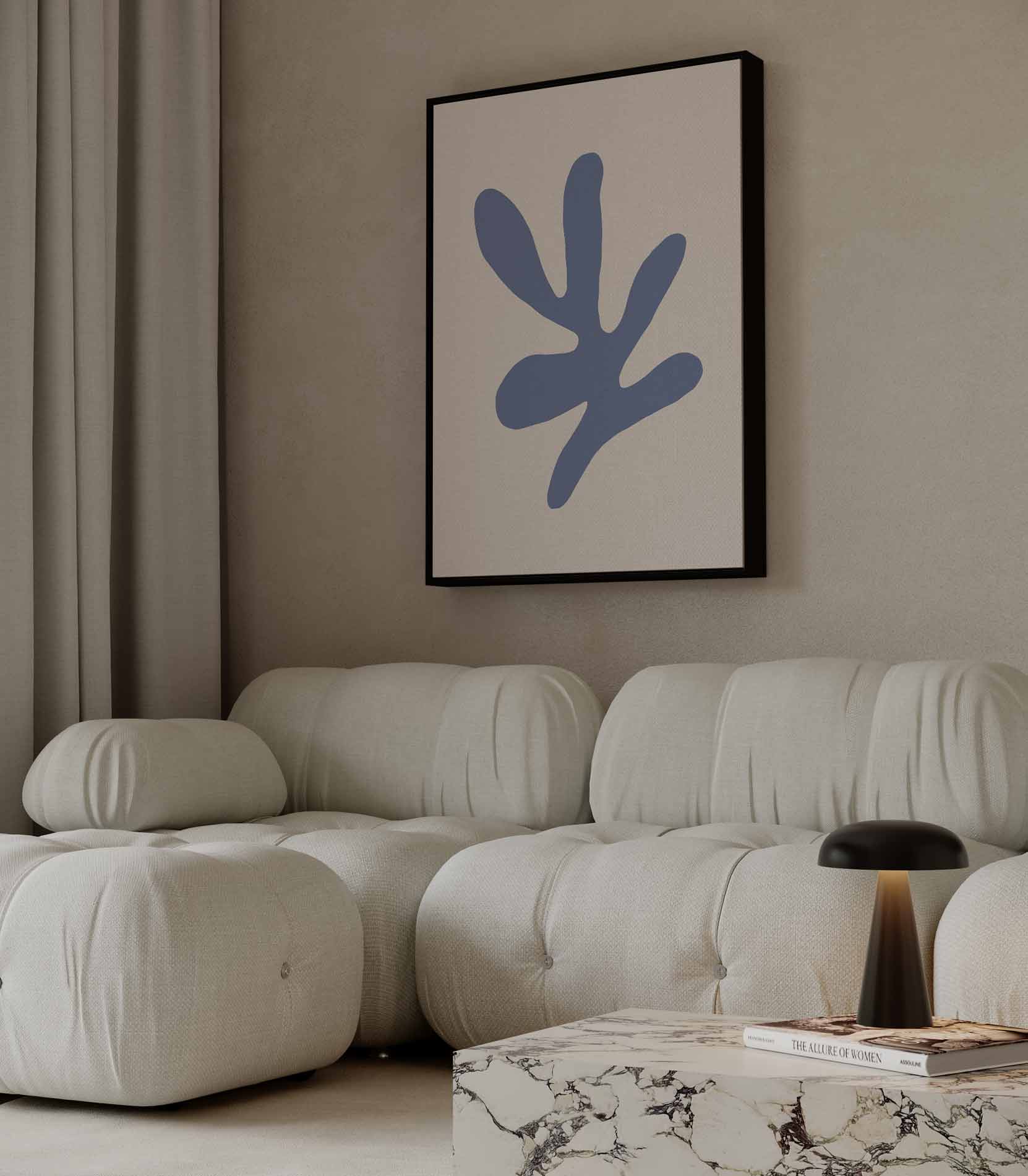 Abstracte Blauwe Vorm op Beige Kunstwerk-canvas-dibond-plexiglas-wanddecoratie-WallArtistic