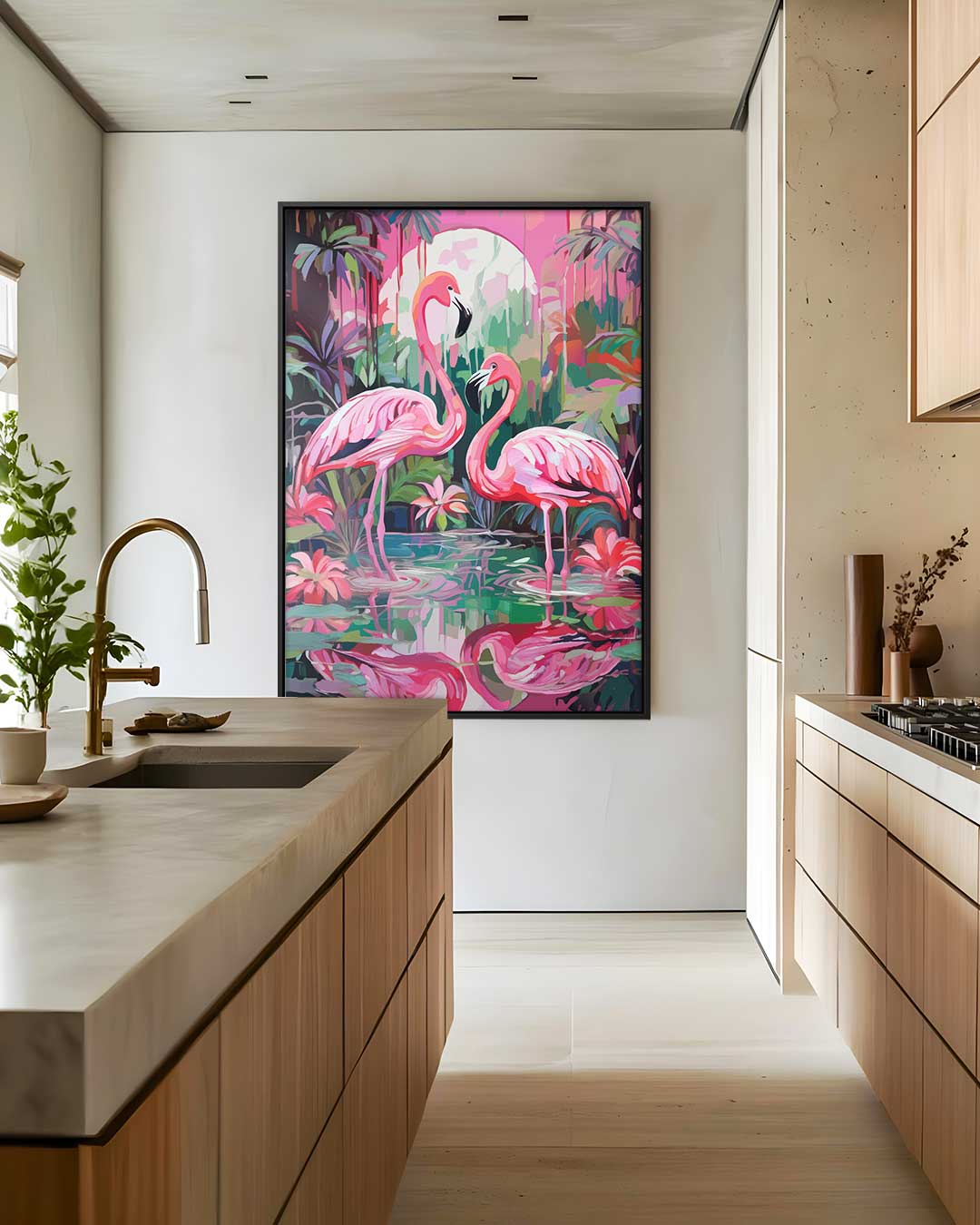 Tropische Flamingo's bij Zonsondergang Kunstwerk-canvas-dibond-plexiglas-wanddecoratie-WallArtistic