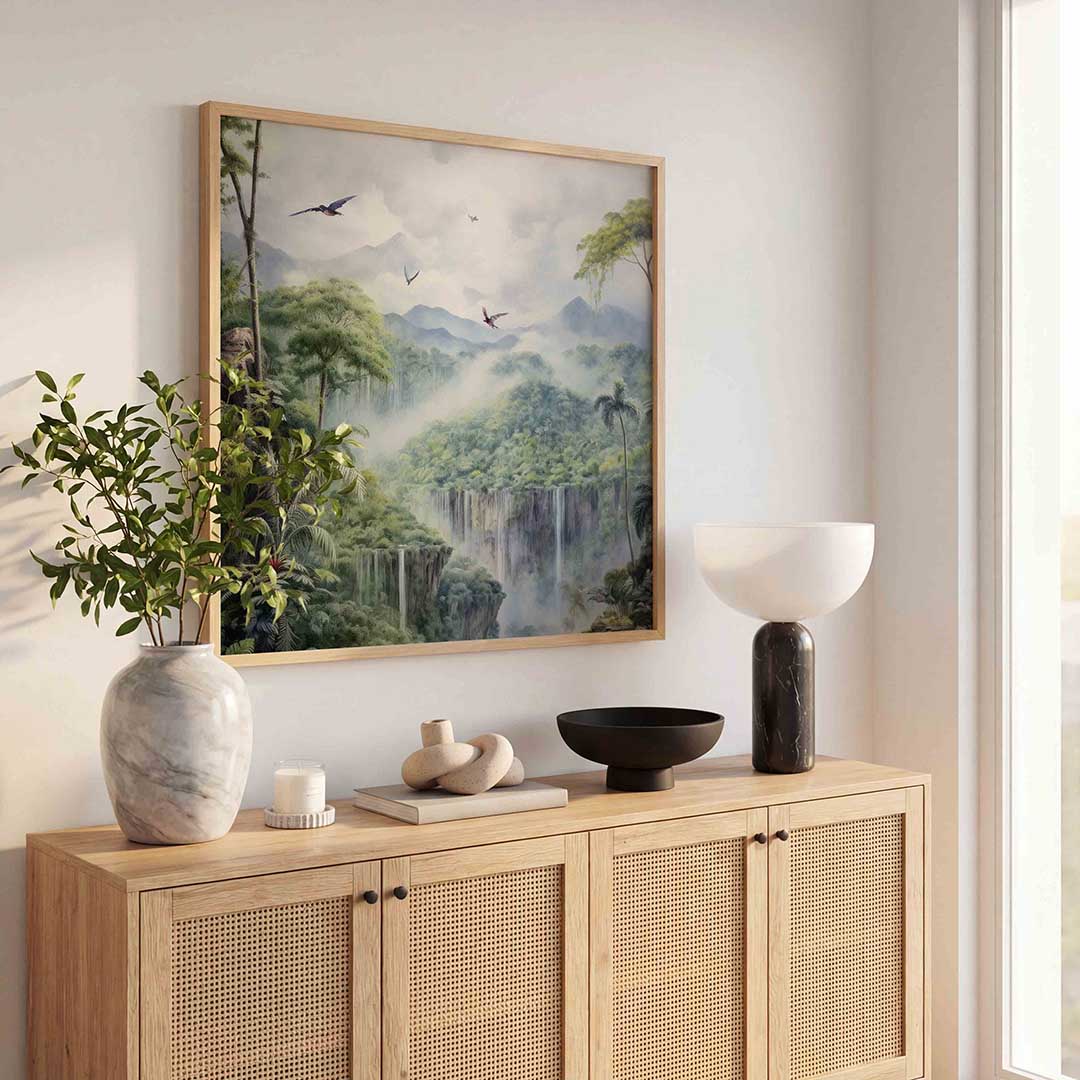 Vliegende vogels boven waterval Poster