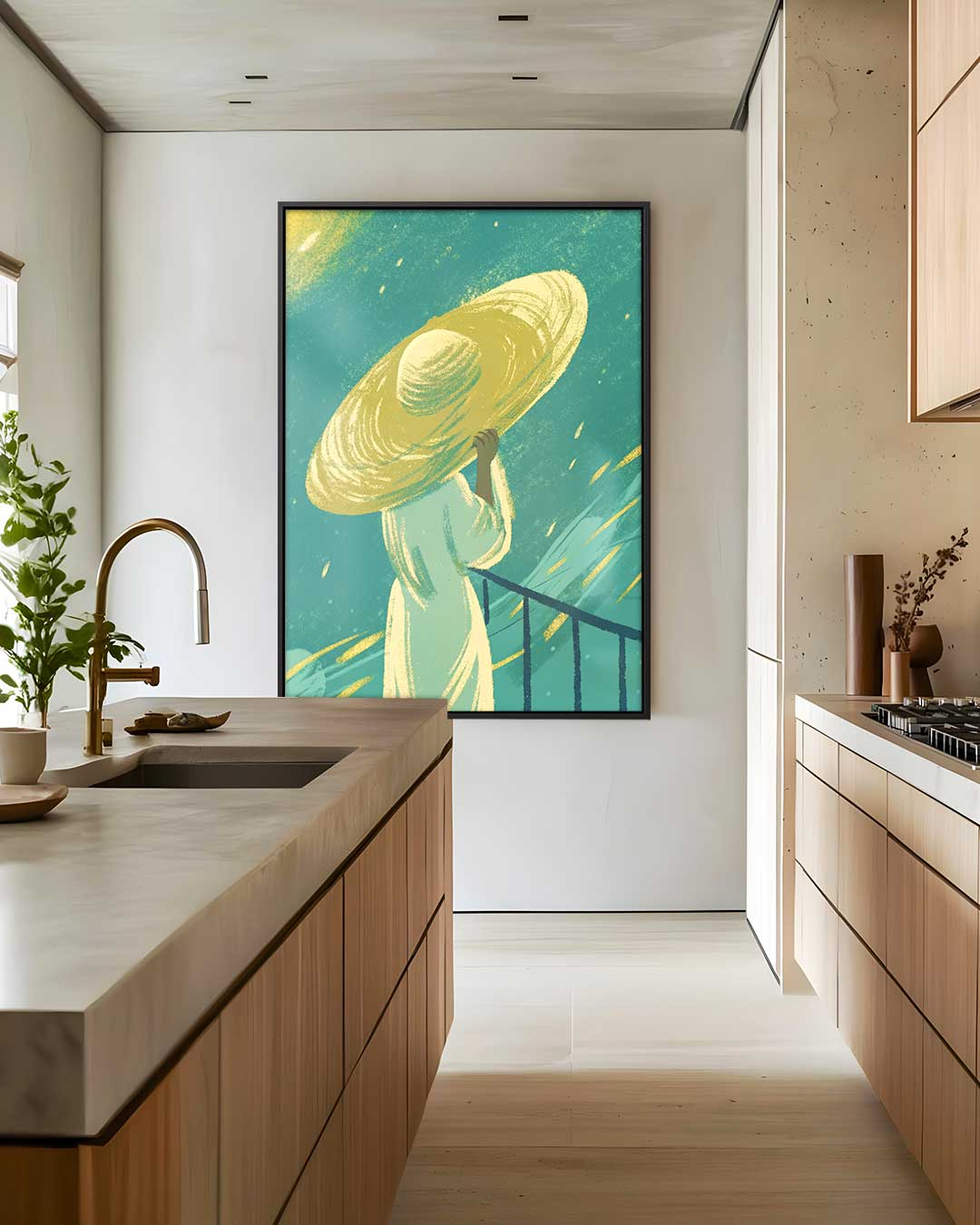 Vrouw met Gele Hoed in de Wind Kunstwerk-canvas-dibond-plexiglas-wanddecoratie-WallArtistic