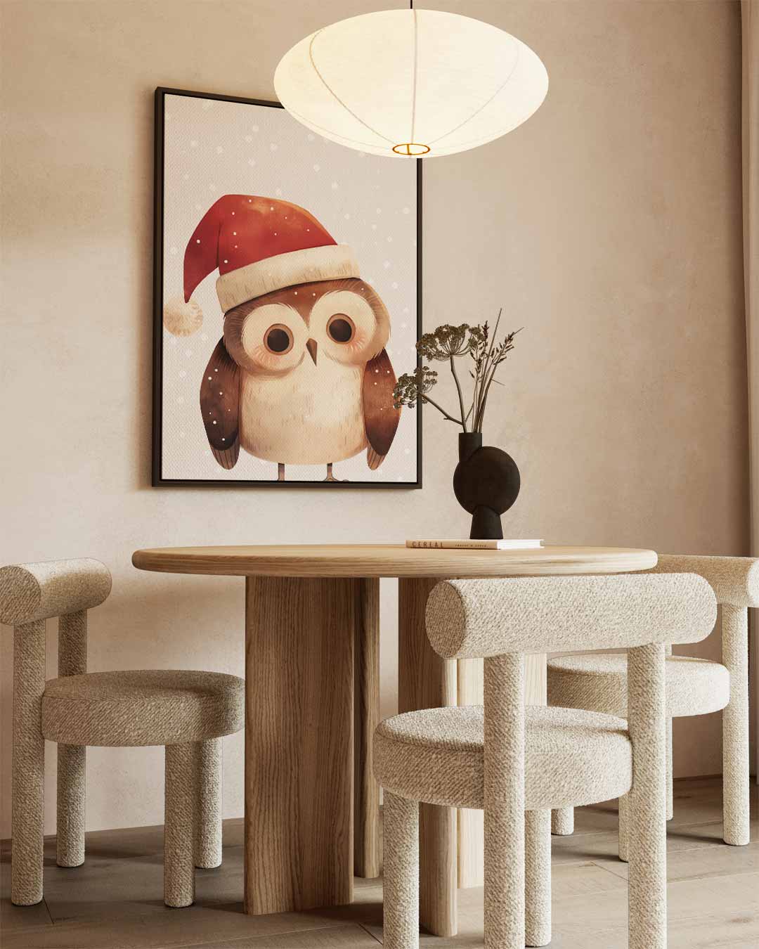 Schattige Uil met Kerstmuts Kunstwerk-canvas-dibond-plexiglas-wanddecoratie-WallArtistic