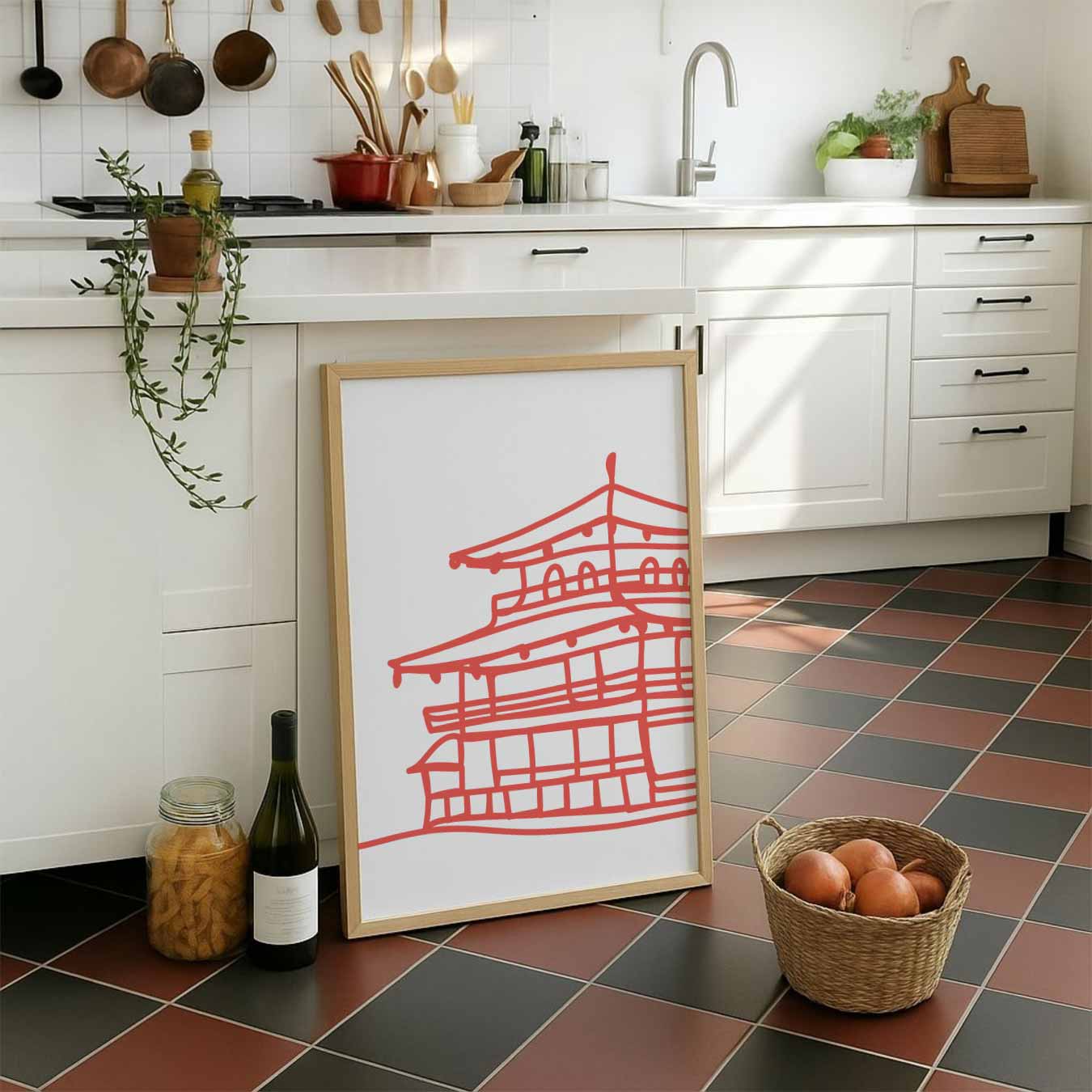 Sierlijke Japanse Tempel Tekening Poster