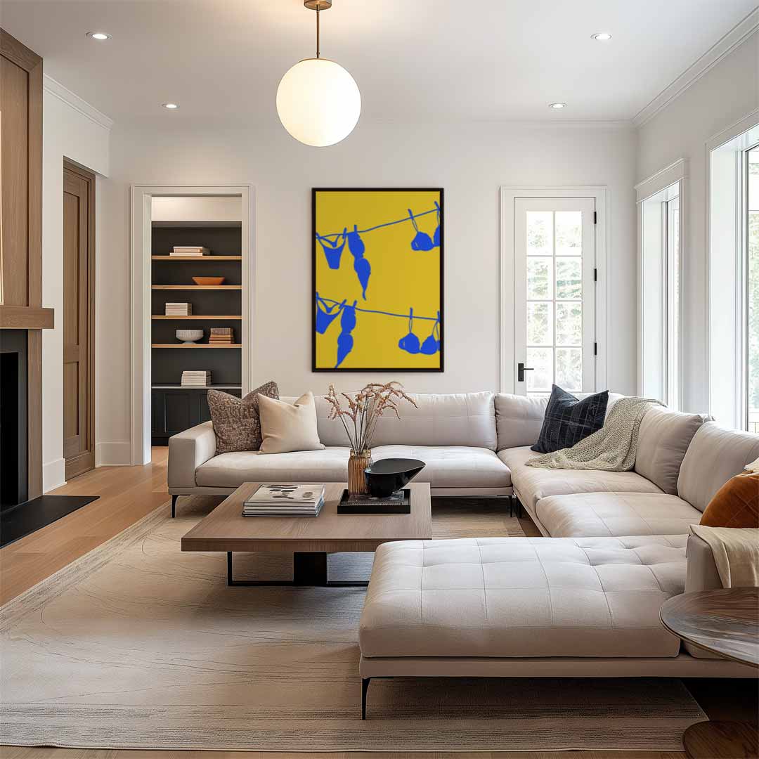 Blauw Wasgoed op Gele Draad Kunstwerk-canvas-dibond-plexiglas-wanddecoratie-WallArtistic