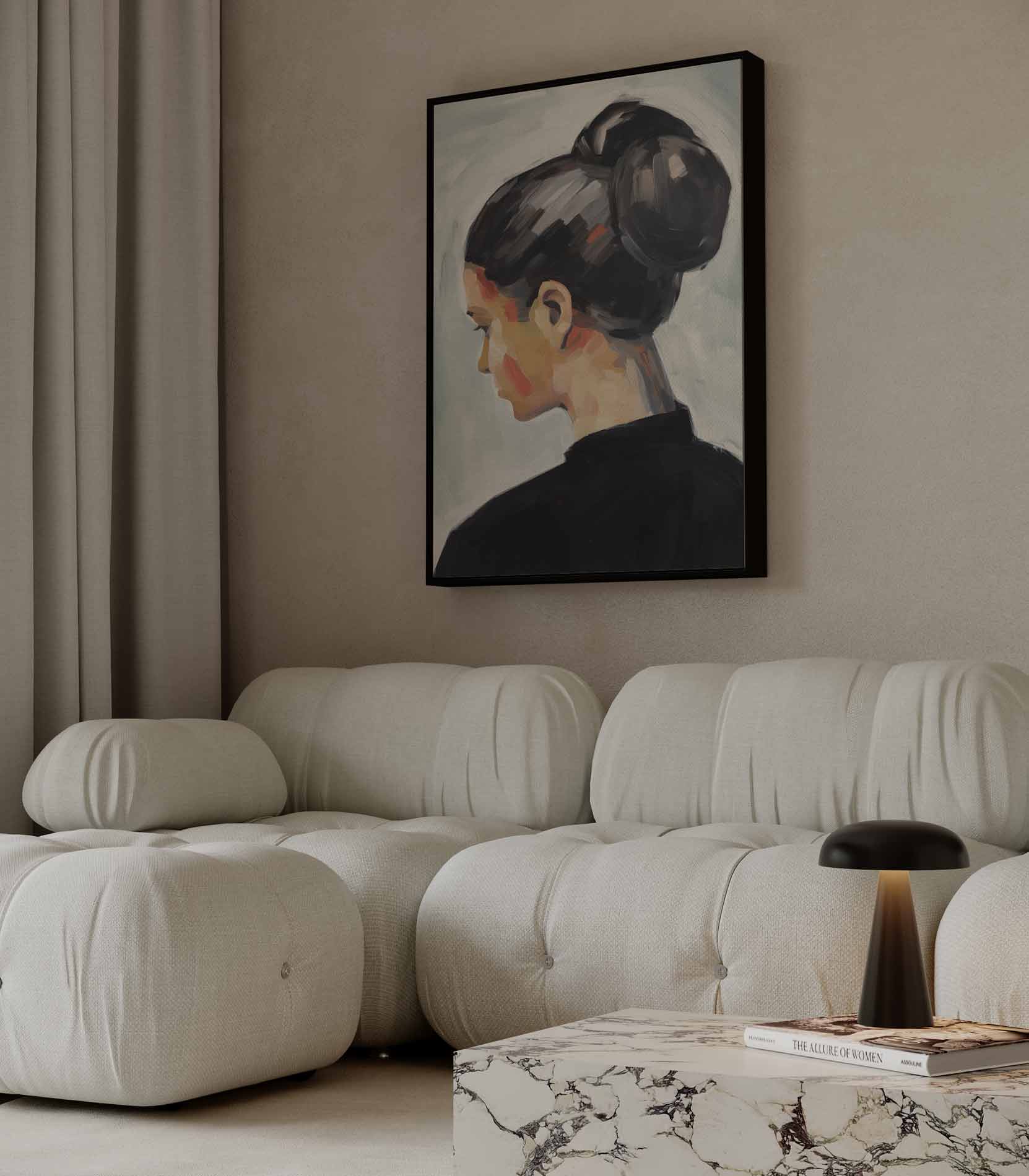 Vrouwelijke Elegantie in Stille Reflectie Kunstwerk-canvas-dibond-plexiglas-wanddecoratie-WallArtistic