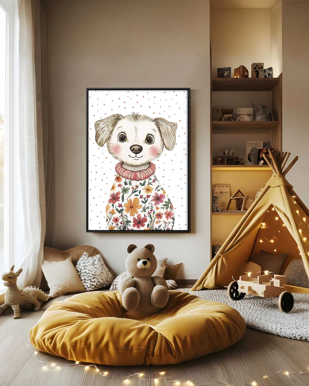 Vrolijke Pup in Bloemenjas Kunstwerk-canvas-dibond-plexiglas-wanddecoratie-WallArtistic