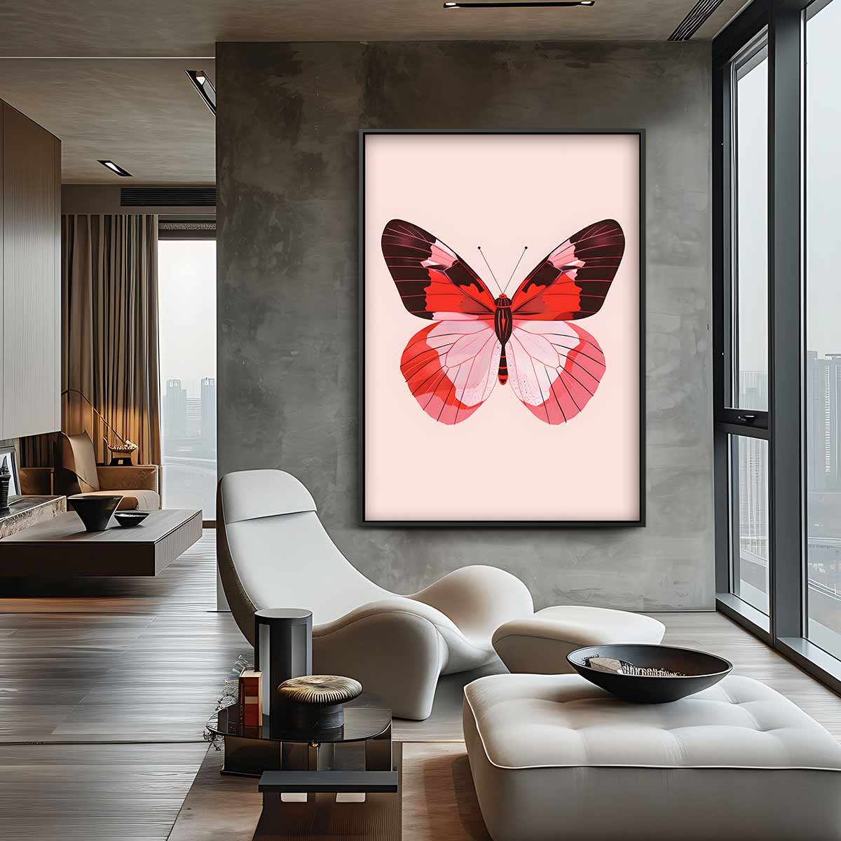 Rood-roze Vlinderpracht Kunstwerk-canvas-dibond-plexiglas-wanddecoratie-WallArtistic