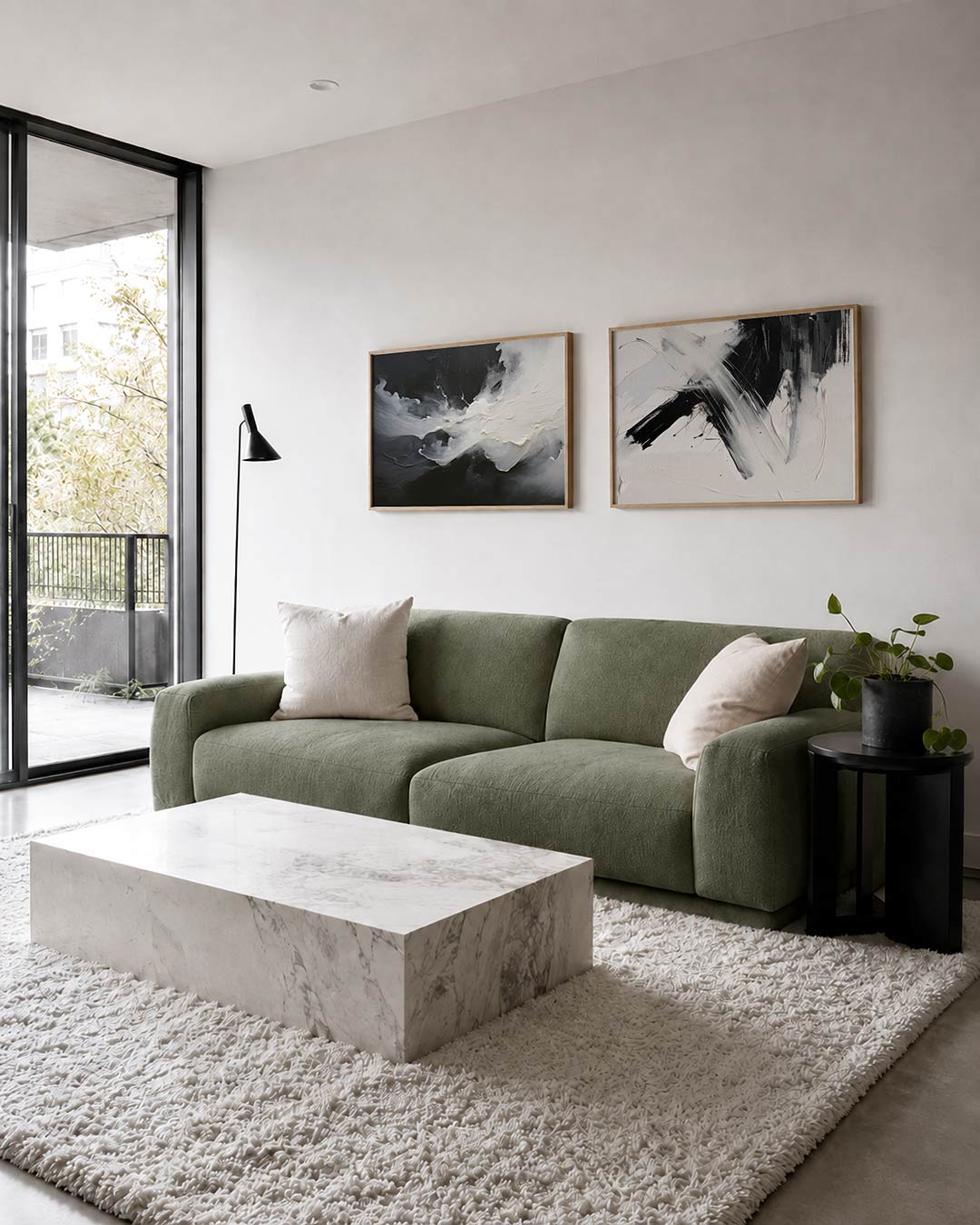 Tweedelige posterset met vloeiende witte en zwarte tinten, getoond in een interieur