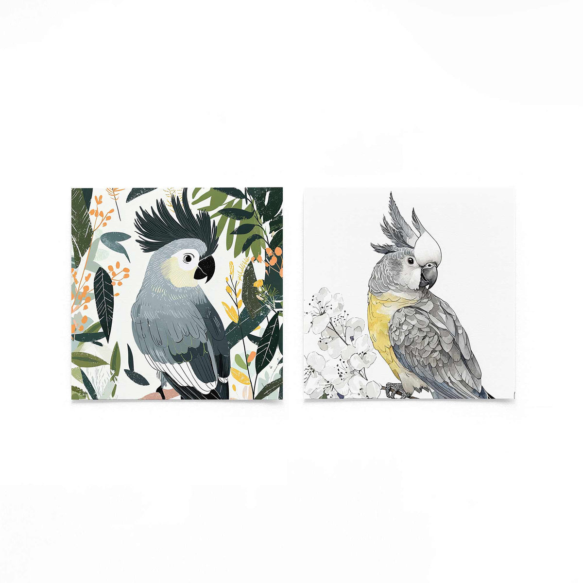 Twee vierkante posters met kaketoes in blad op een gebroken witte achtergrond