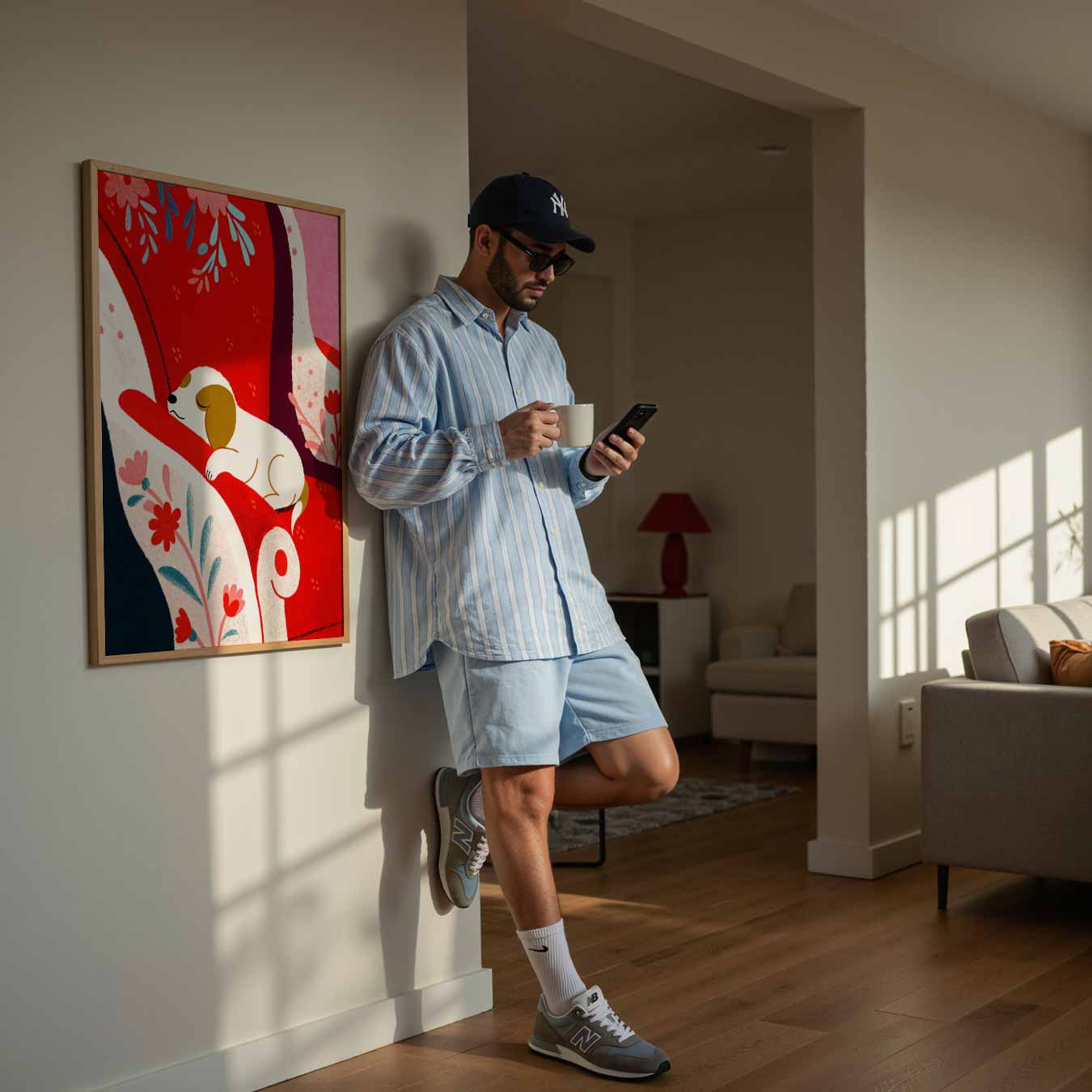 Schattige Puppy op Rode Fauteuil Poster-WallArtistic