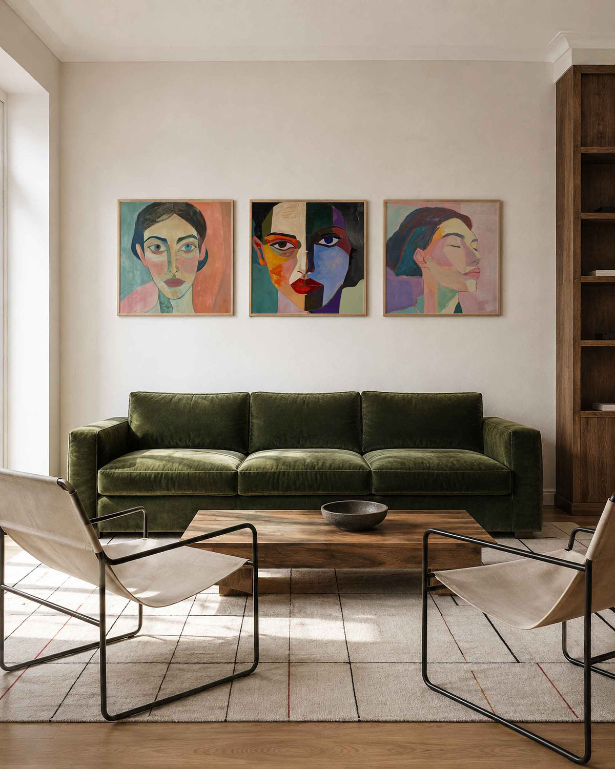 Interieurpresentatie van een driedelige vierkante posterset met abstracte portretten