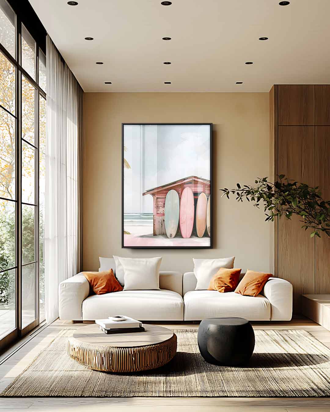Strandhut met Surfplanken Kunstwerk-canvas-dibond-plexiglas-wanddecoratie-WallArtistic
