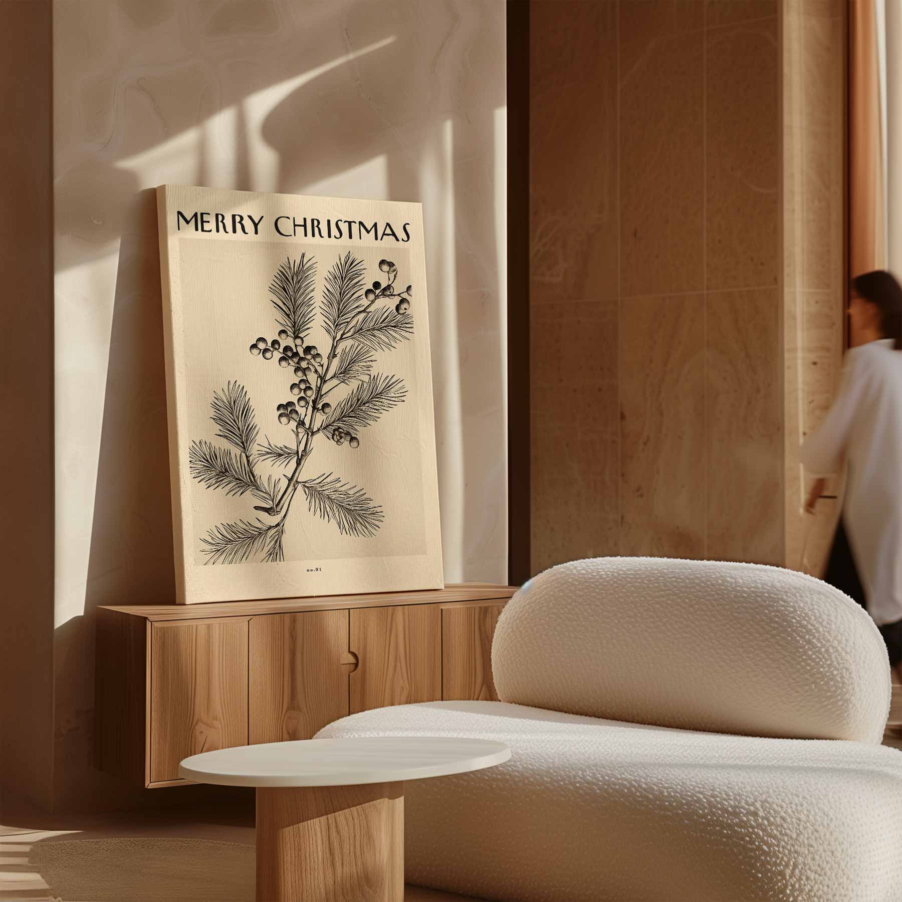 Vintage Kerstkaart met Dennen en Bessen Kunstwerk-canvas-dibond-plexiglas-wanddecoratie-WallArtistic