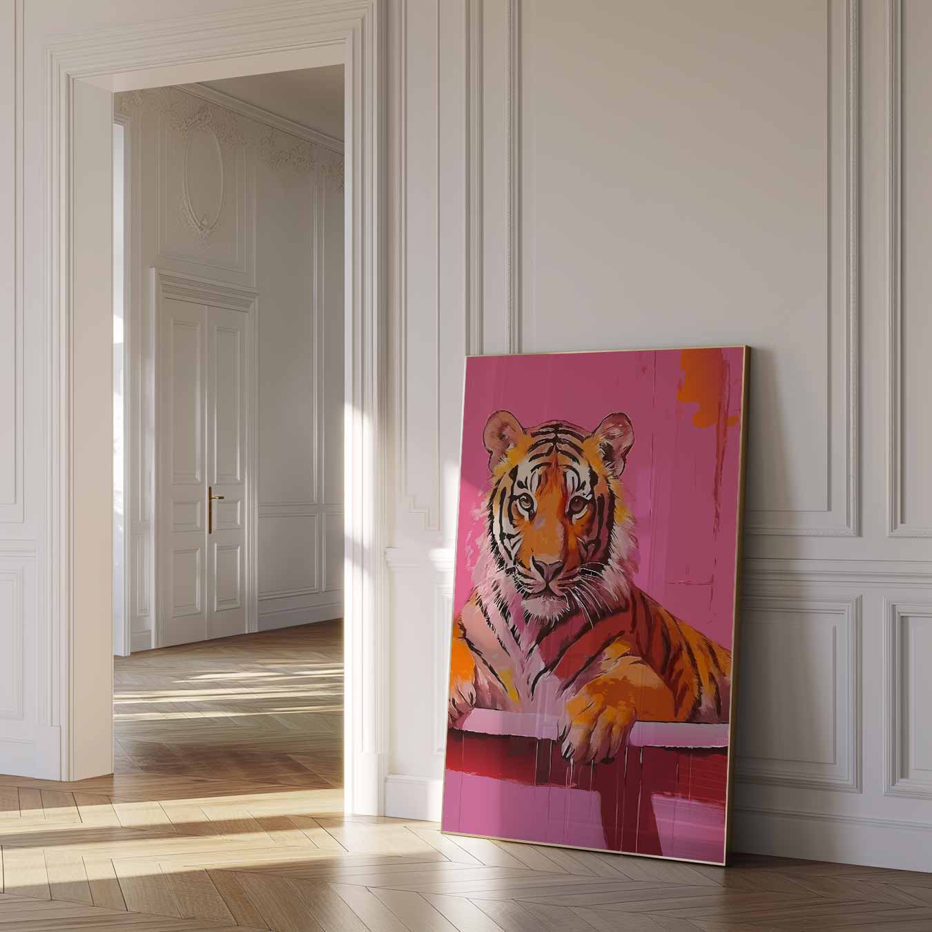 Vrolijke Tijger op Roze Achtergrond Poster-WallArtistic
