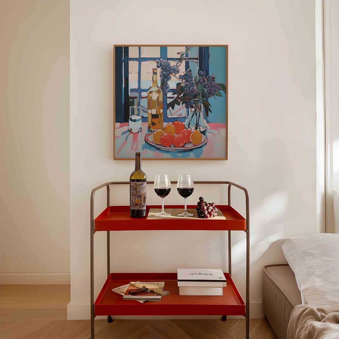 Stilleven met fruit en fles Poster