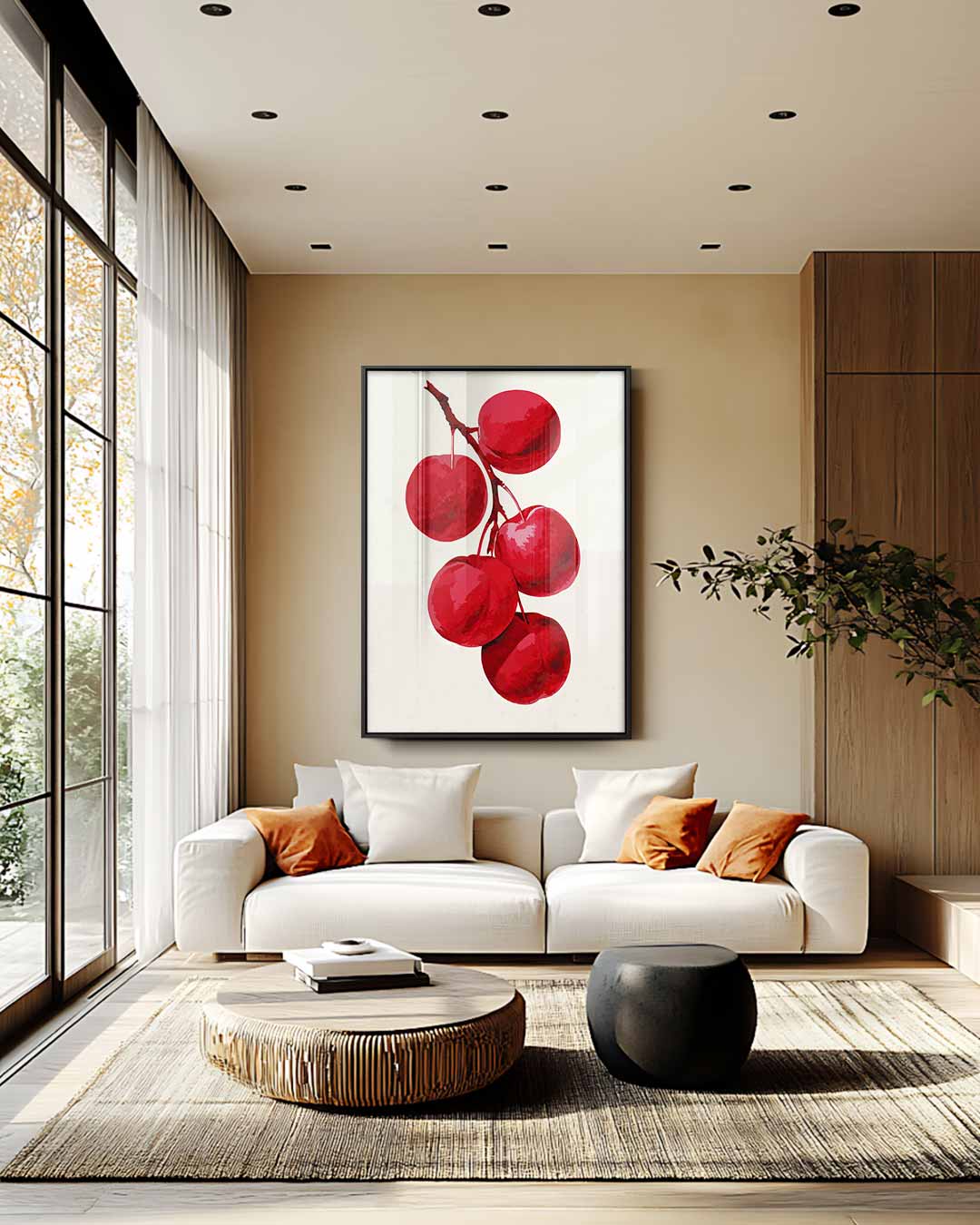 Rode Pruimen aan Tak Kunstwerk-canvas-dibond-plexiglas-wanddecoratie-WallArtistic