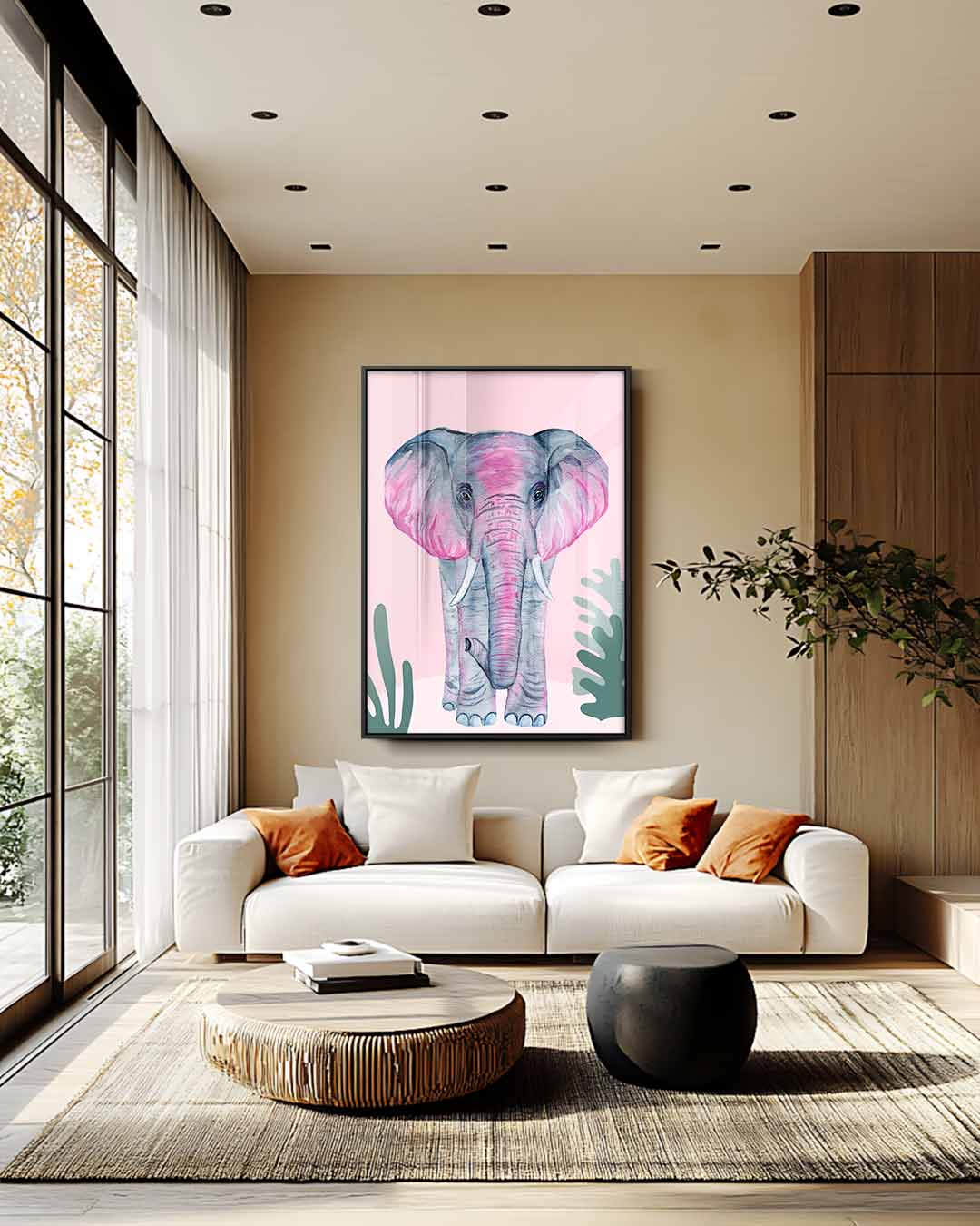 Roze Olifant op Roze Achtergrond Kunstwerk-canvas-dibond-plexiglas-wanddecoratie-WallArtistic