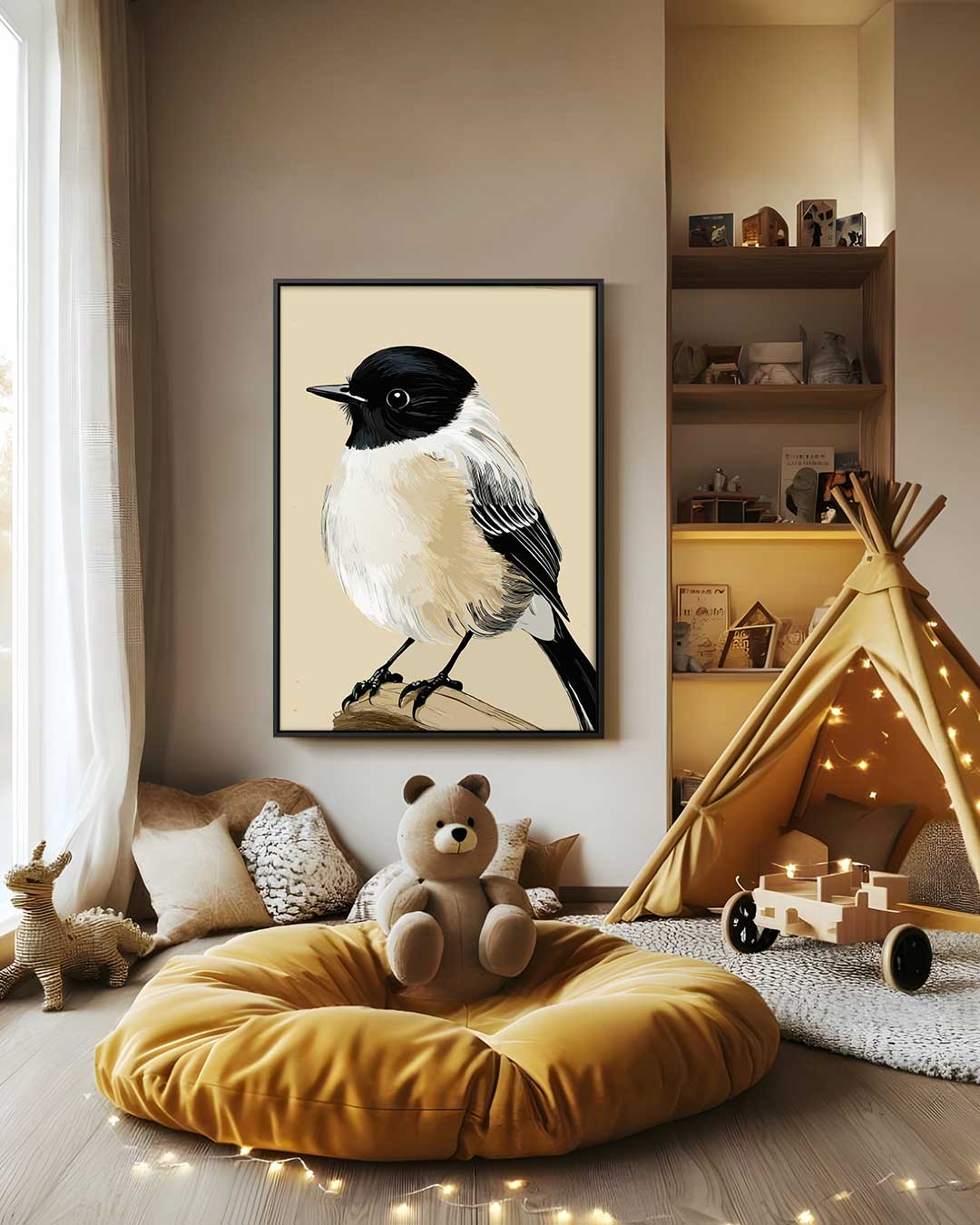 Schattige Vogeltekening op Tak Kunstwerk-canvas-dibond-plexiglas-wanddecoratie-WallArtistic