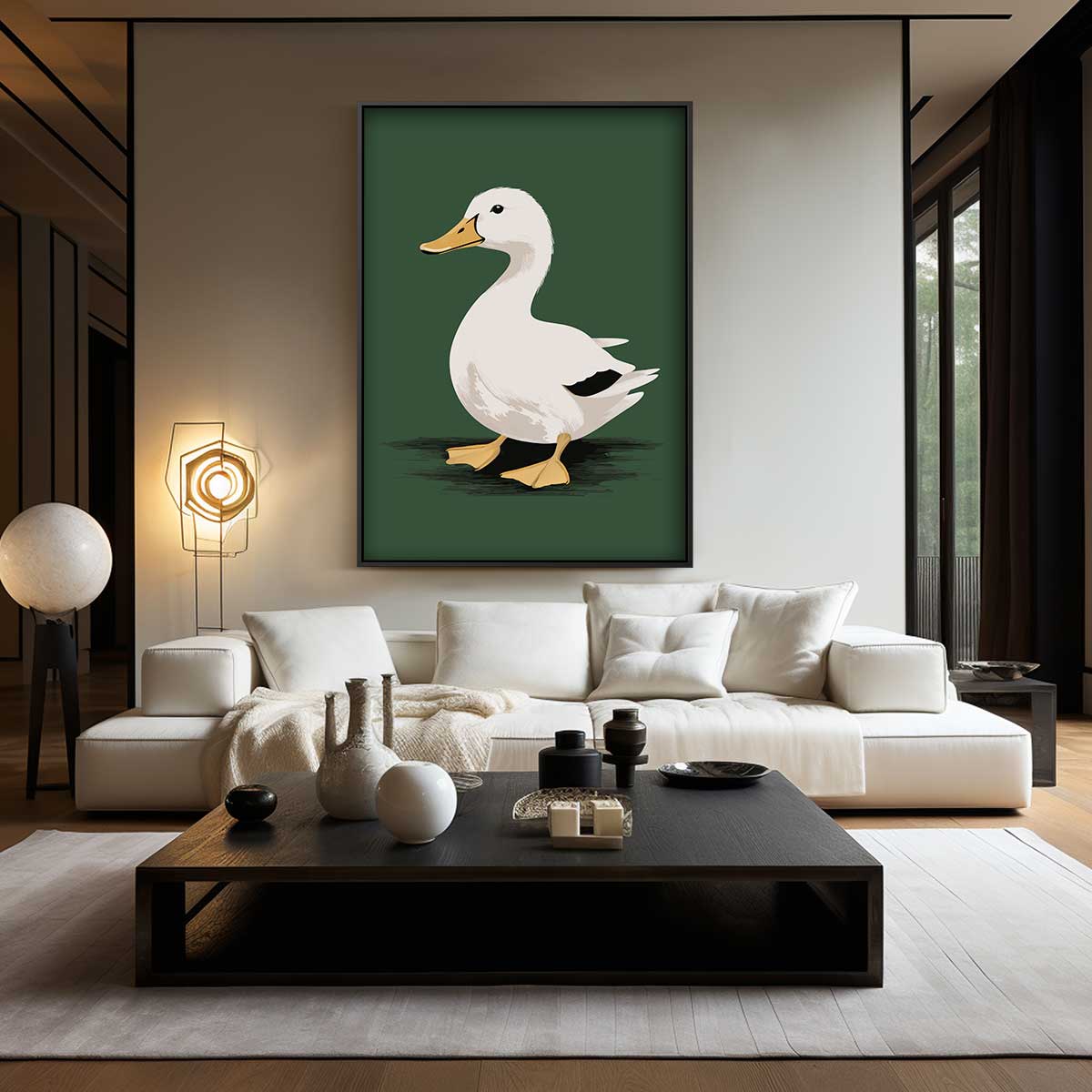 Vrolijke Eend op Donkergroene Achtergrond Kunstwerk-canvas-dibond-plexiglas-wanddecoratie-WallArtistic