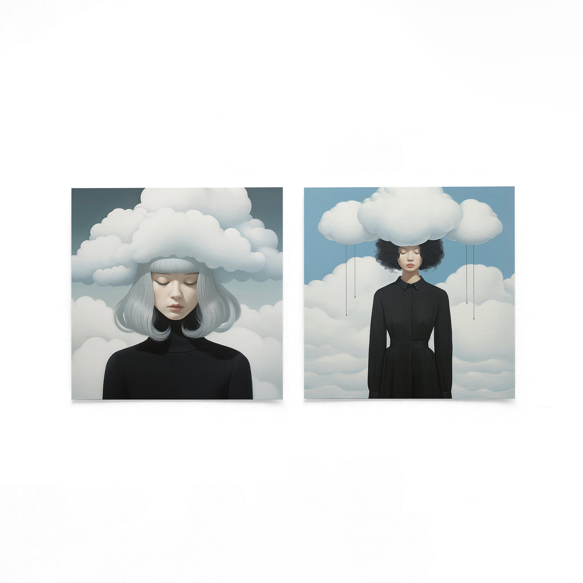 Twee vierkante posters met vrouwen met wolken op een gebroken witte achtergrond