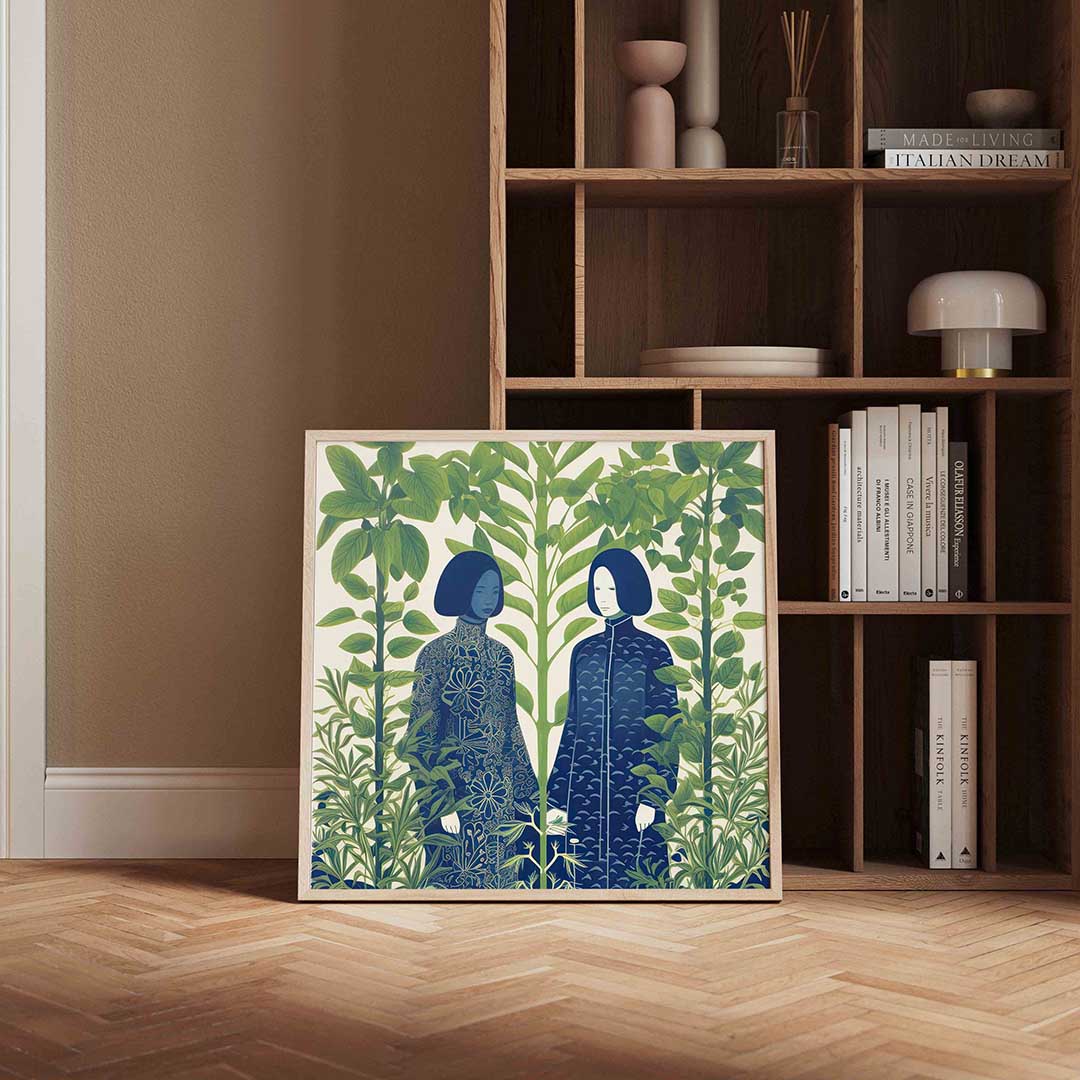 Twee figuren tussen groene planten Poster