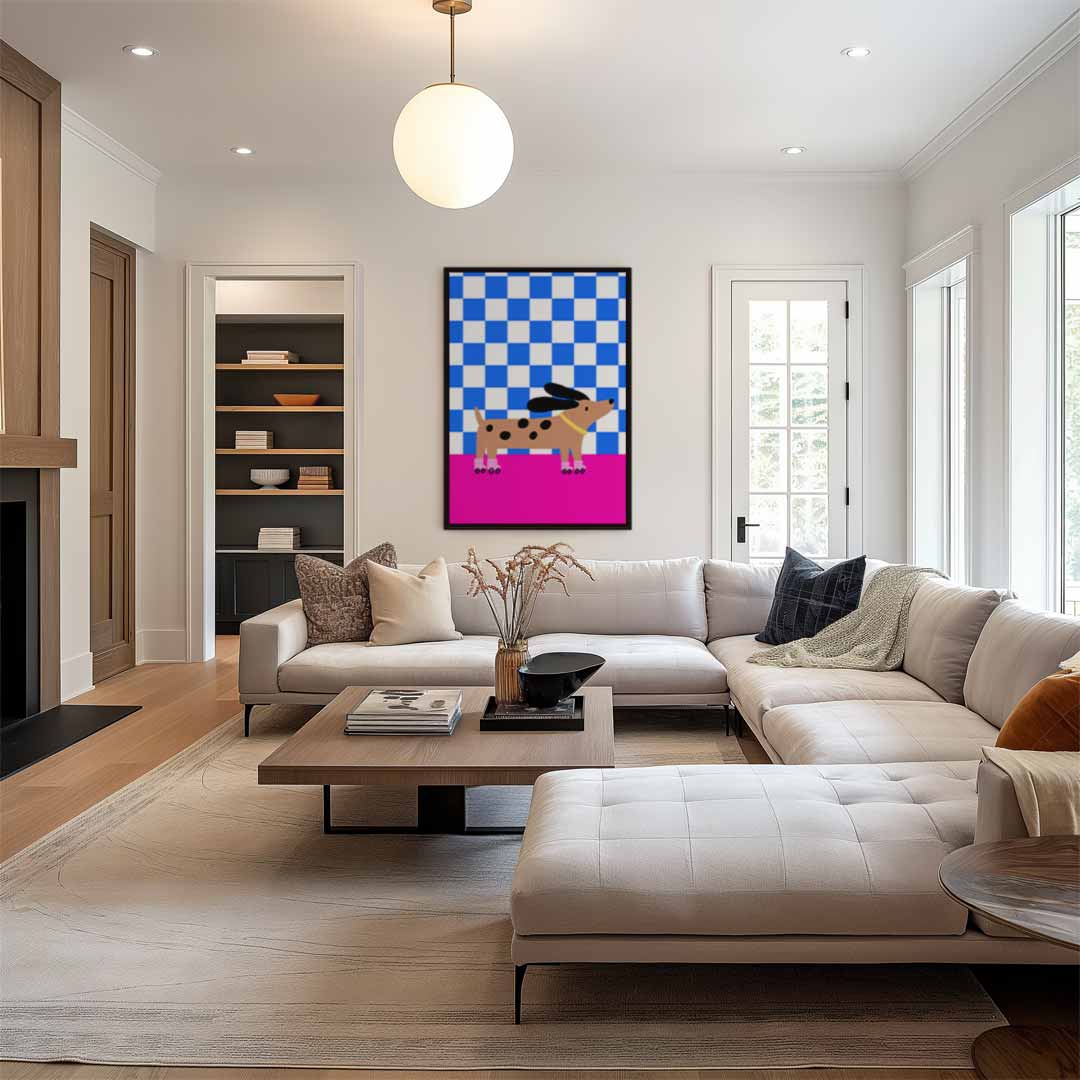 Hond op Rolschaatsen in Stijlvol Patroon Kunstwerk-canvas-dibond-plexiglas-wanddecoratie-WallArtistic