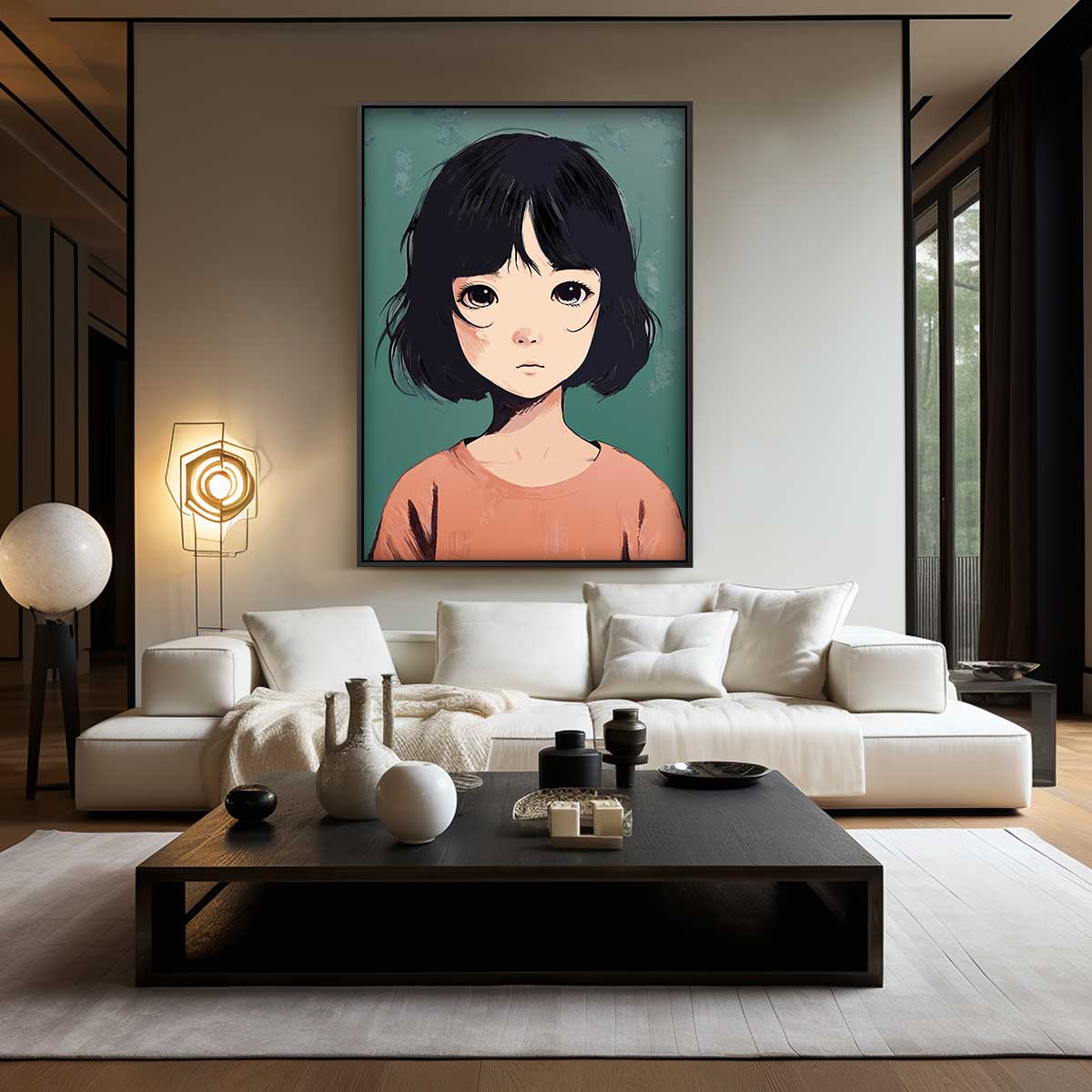Meisje met Korte Zwarte Haarsnit Kunstwerk-canvas-dibond-plexiglas-wanddecoratie-WallArtistic