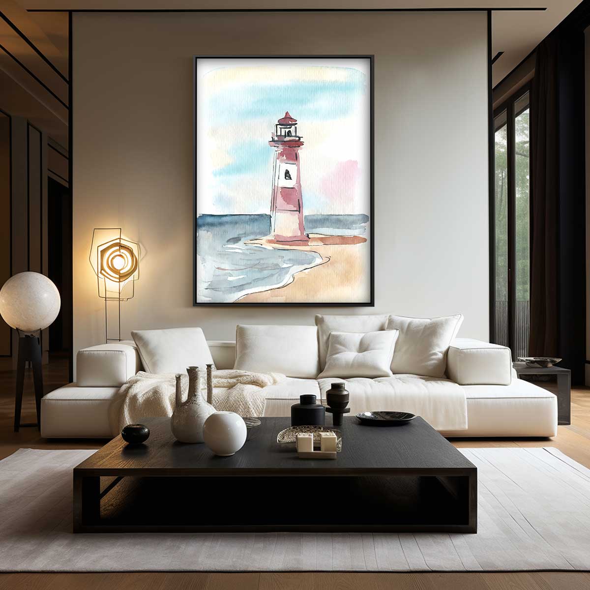Schets van Vuurtoren aan Zee Kunstwerk-canvas-dibond-plexiglas-wanddecoratie-WallArtistic