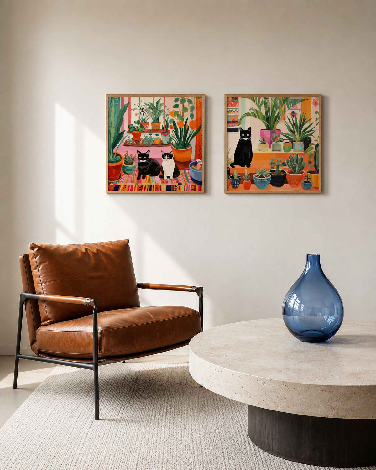 Interieurpresentatie van een tweedelige vierkante posterset met katten en kamerplanten