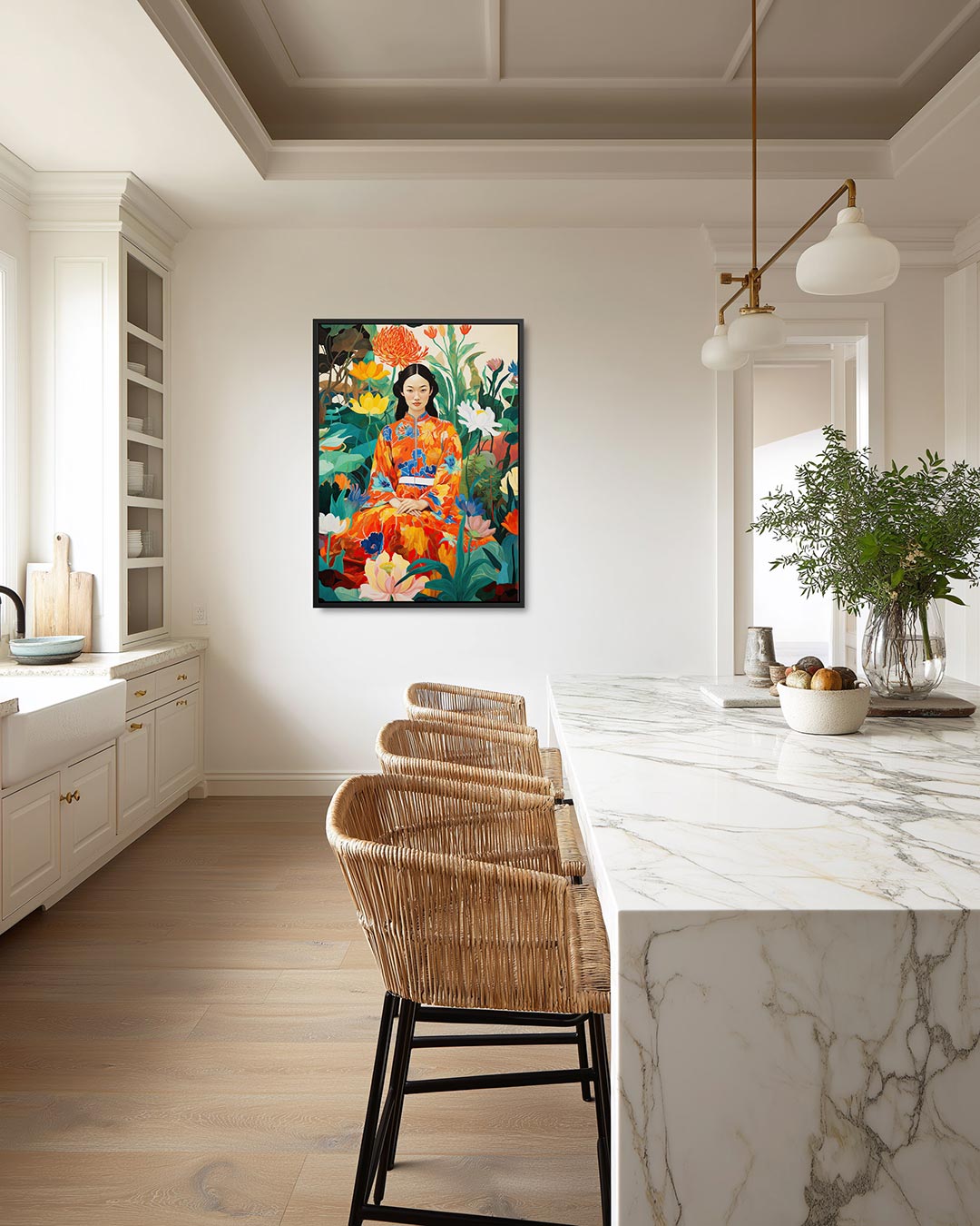 Vrouw in bloementuin Kunstwerk