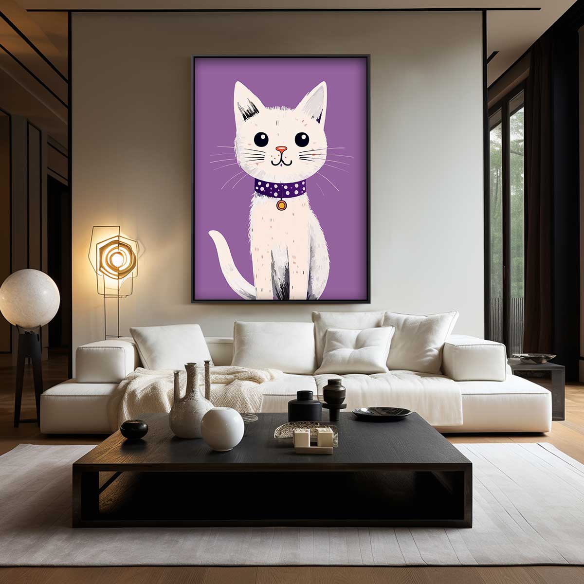 Vrolijke Kat op Paarse Achtergrond Kunstwerk-canvas-dibond-plexiglas-wanddecoratie-WallArtistic