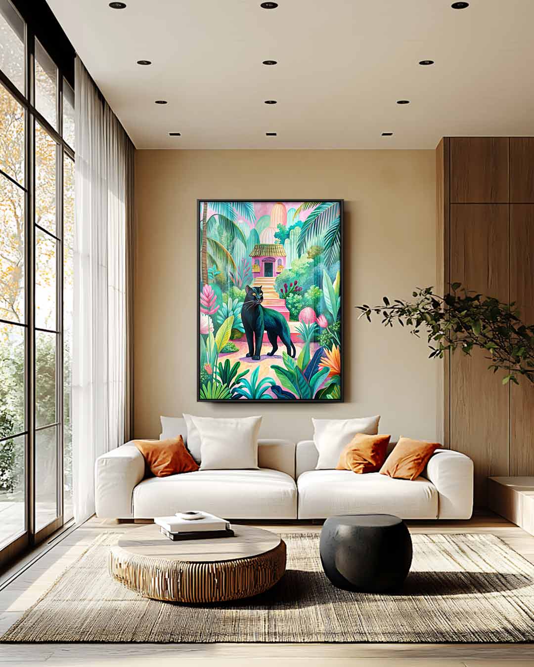 Tropische Paradijstuin met Zwarte Panter Kunstwerk-canvas-dibond-plexiglas-wanddecoratie-WallArtistic
