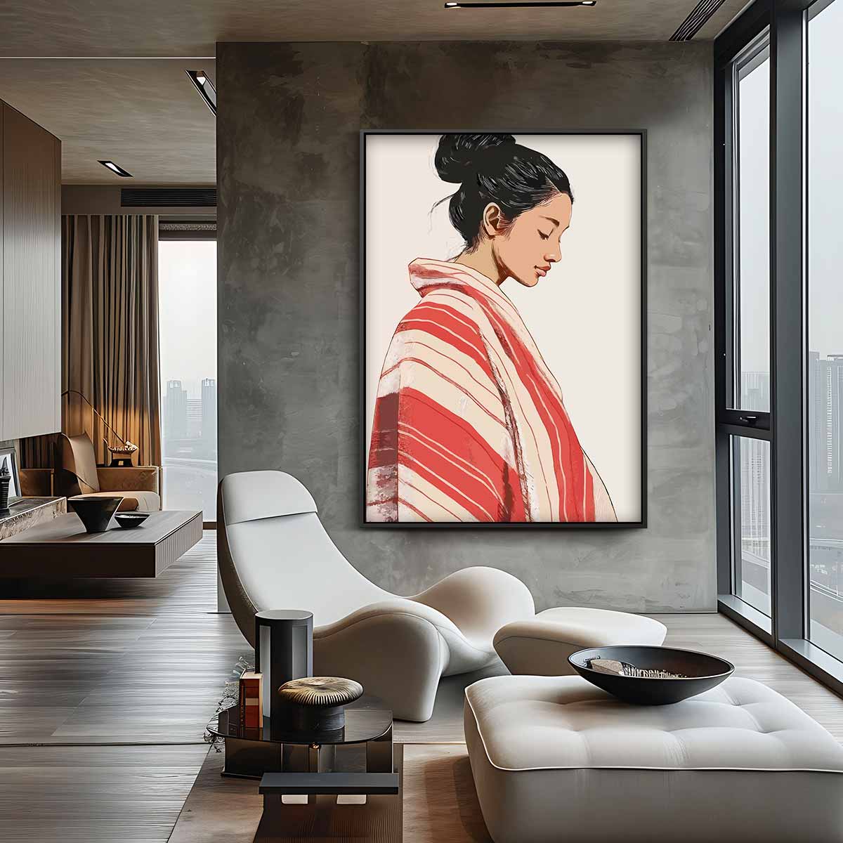 Vrouw in Rood-Wit Geblokte Kimono Kunstwerk-canvas-dibond-plexiglas-wanddecoratie-WallArtistic
