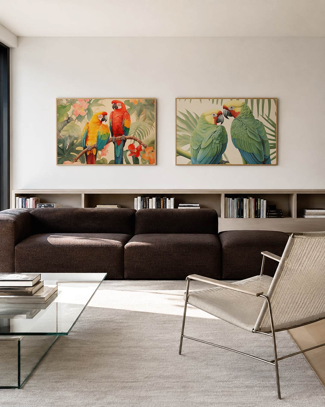 Interieurbeeld met twee liggende posters: twee kleurrijke papegaaien op een tak tussen groene bladeren en bloemen